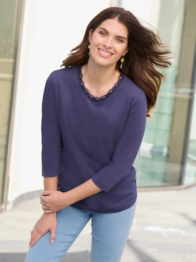 3/4-Arm-Shirt mit Spitze am Ausschnitt - marine