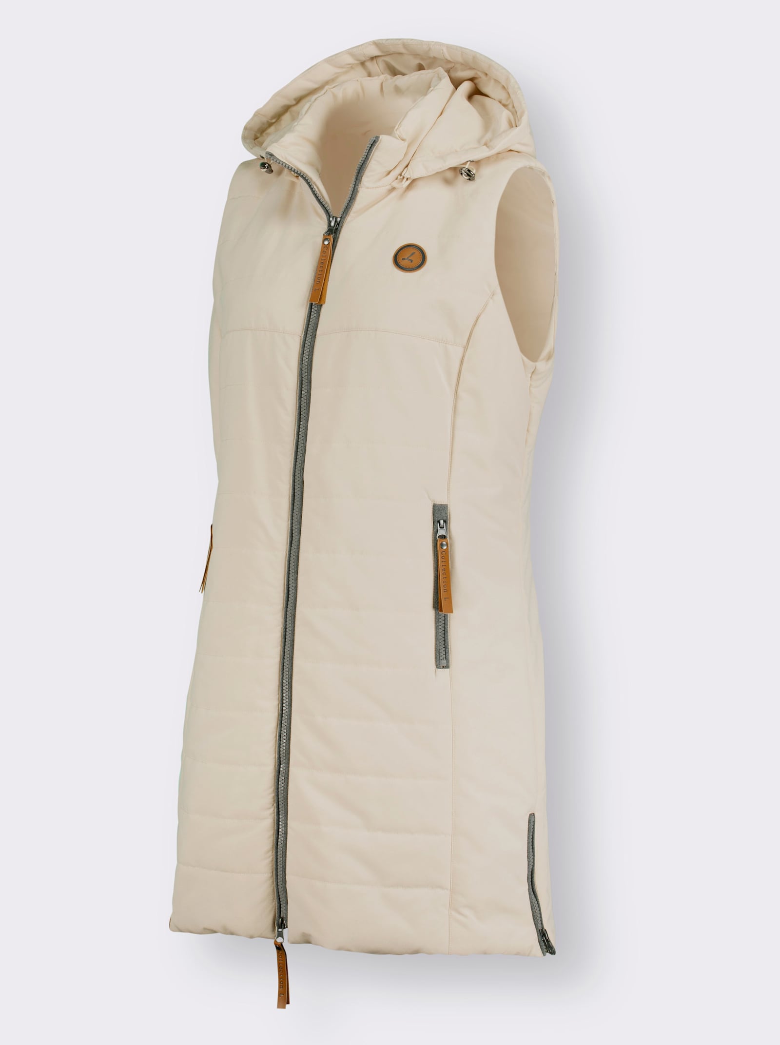 Lange bodywarmer met afneembare capuchon - ivoorkleur