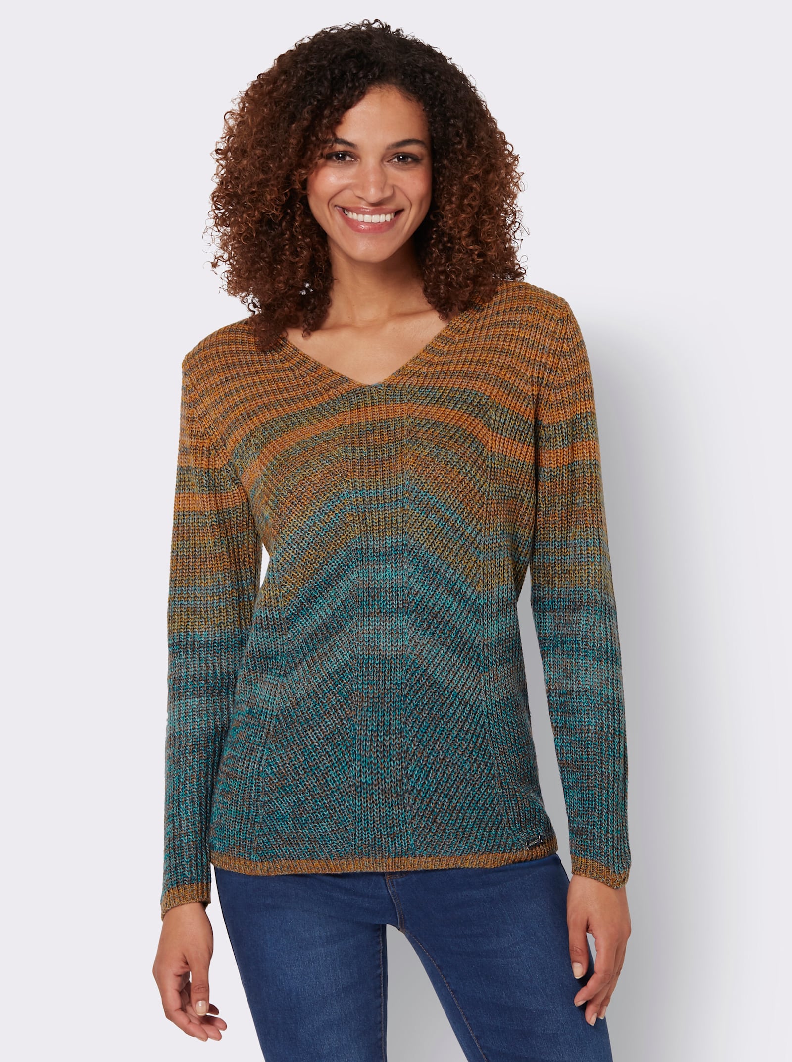 V-Ausschnitt-Pullover im Farbverlauf - cognac-ozean-gemustert