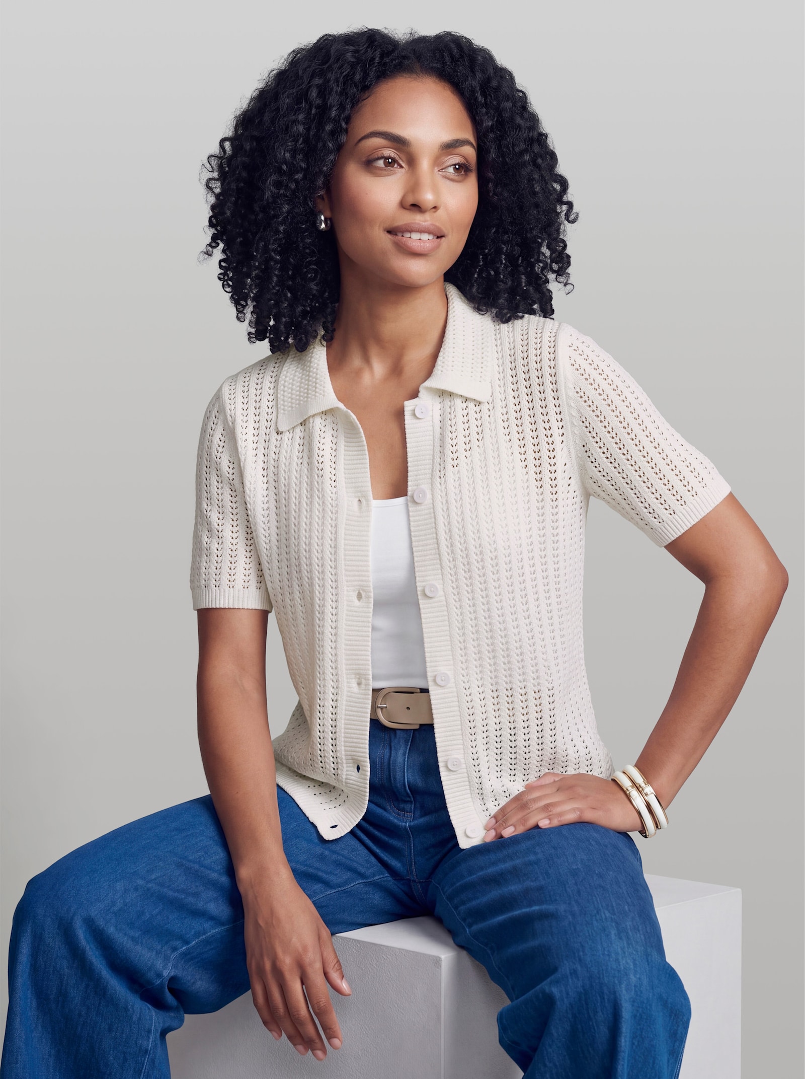 heine Ajourstrickjacke mit Hemdkragen - ecru