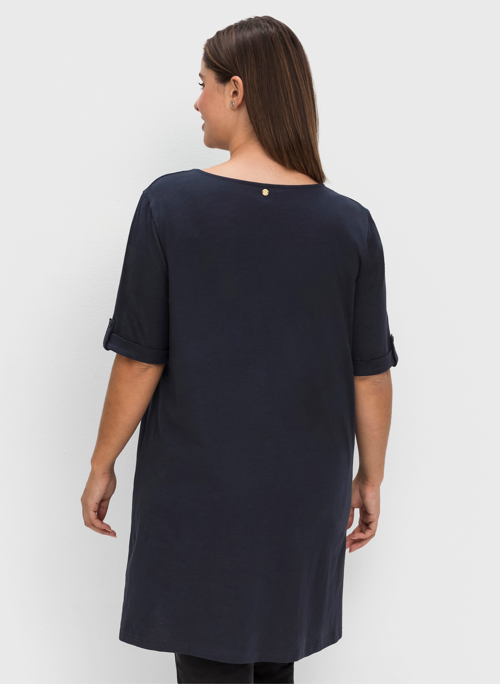 sheego Lang shirt met hals met split - nachtblauw
