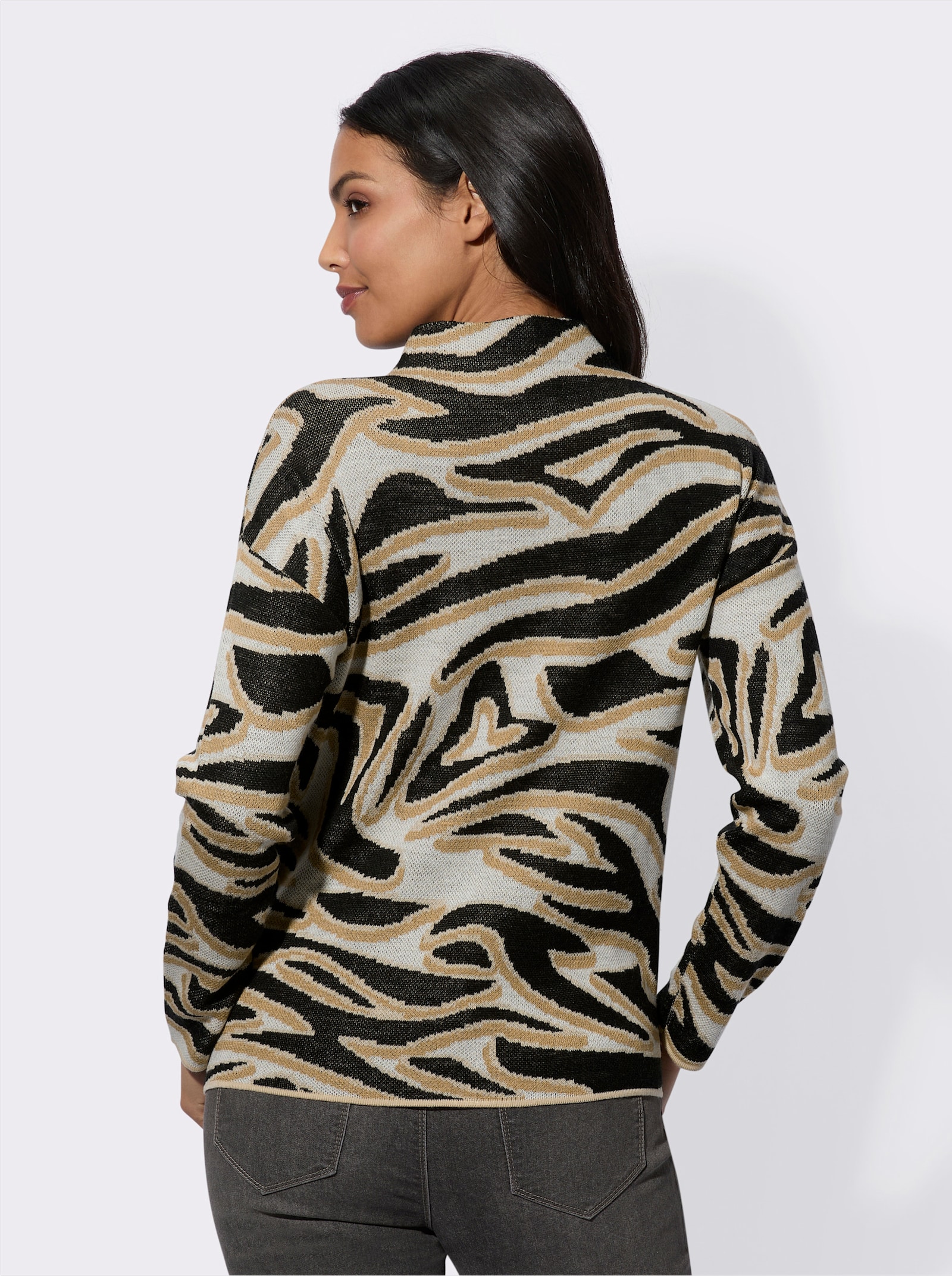 Jacquard-Pullover mit Kelchkragen - camel-schwarz-gemustert
