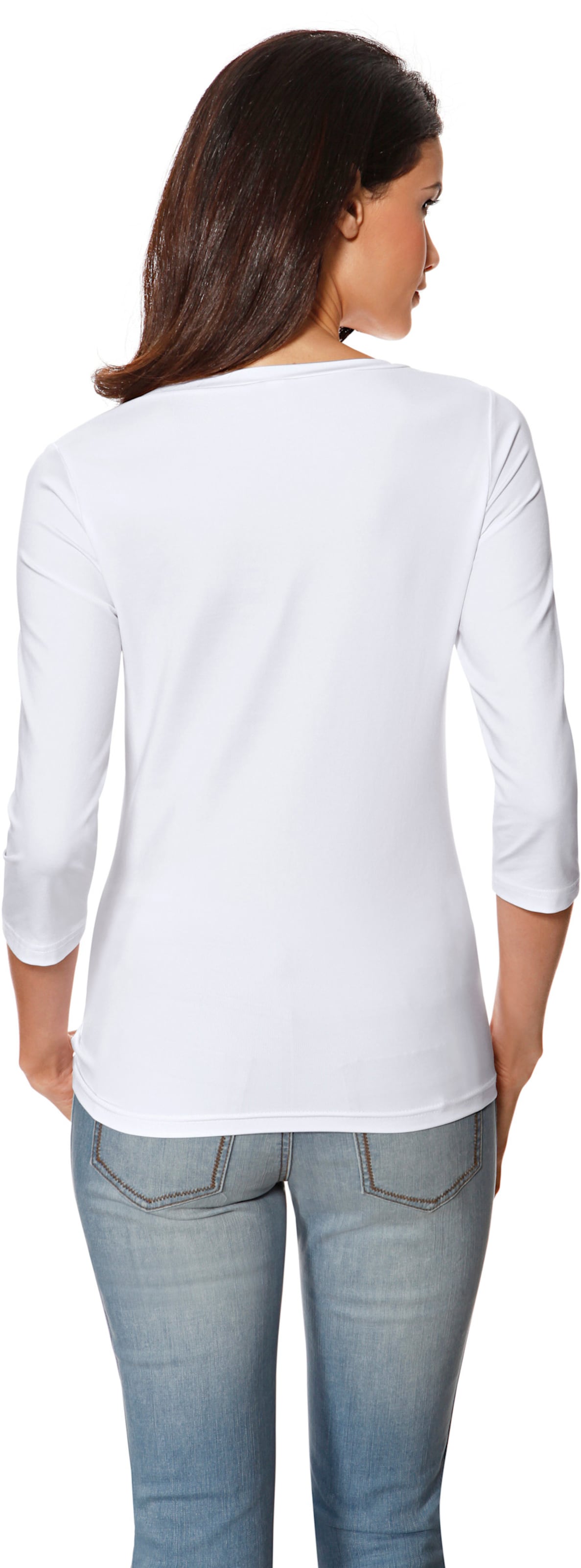 Mit Herz günstig Kaufen-Shirt in weiß von heine. Shirt in weiß von heine <![CDATA[Shirt Femininer Kombi-Style aus Tactel, in angenehmer Stretch-Qualität. Mit hoher Farbbrillanz und leichtem Glanz. Figurbetont, mit Herzausschnitt und 3/4-Arm.]]>. 