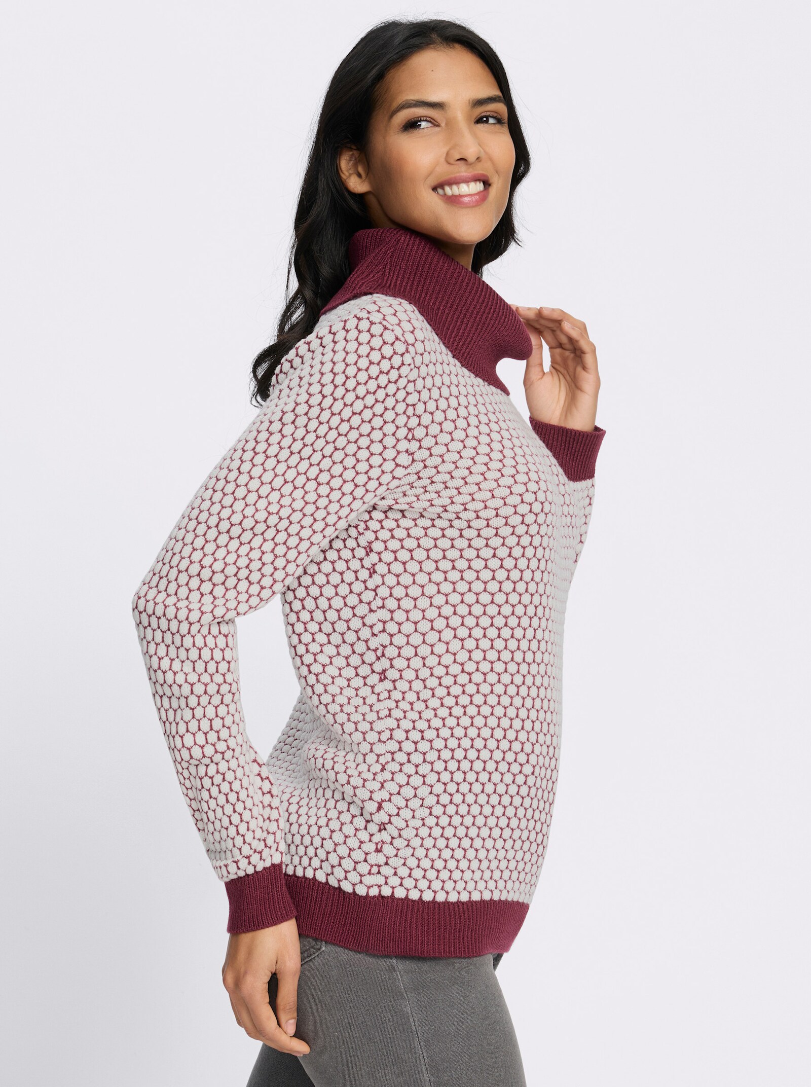 Rollkragenpullover mit Strukturmuster - bordeaux-ecru-gemustert