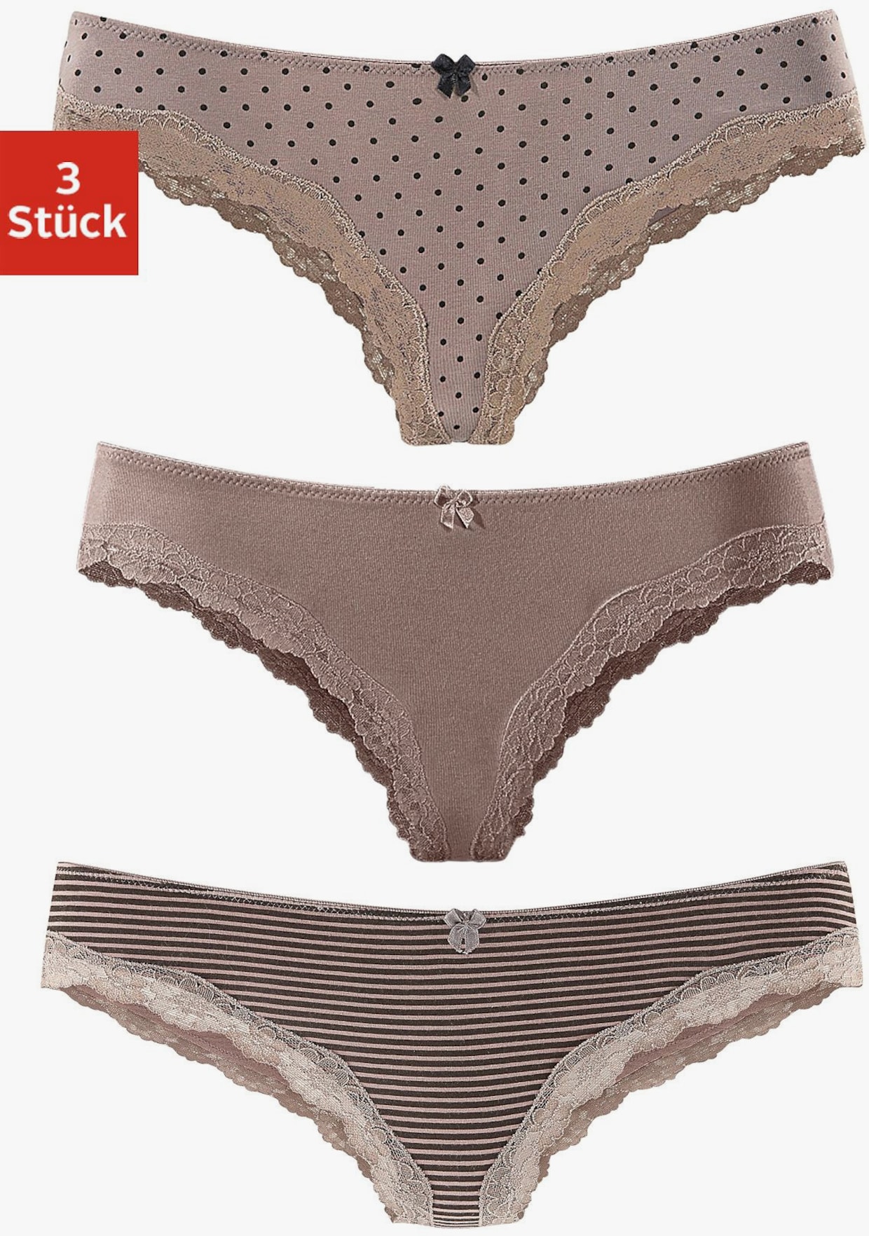 LASCANA Brasilslip - taupe-uni, gepunktet, gestreift