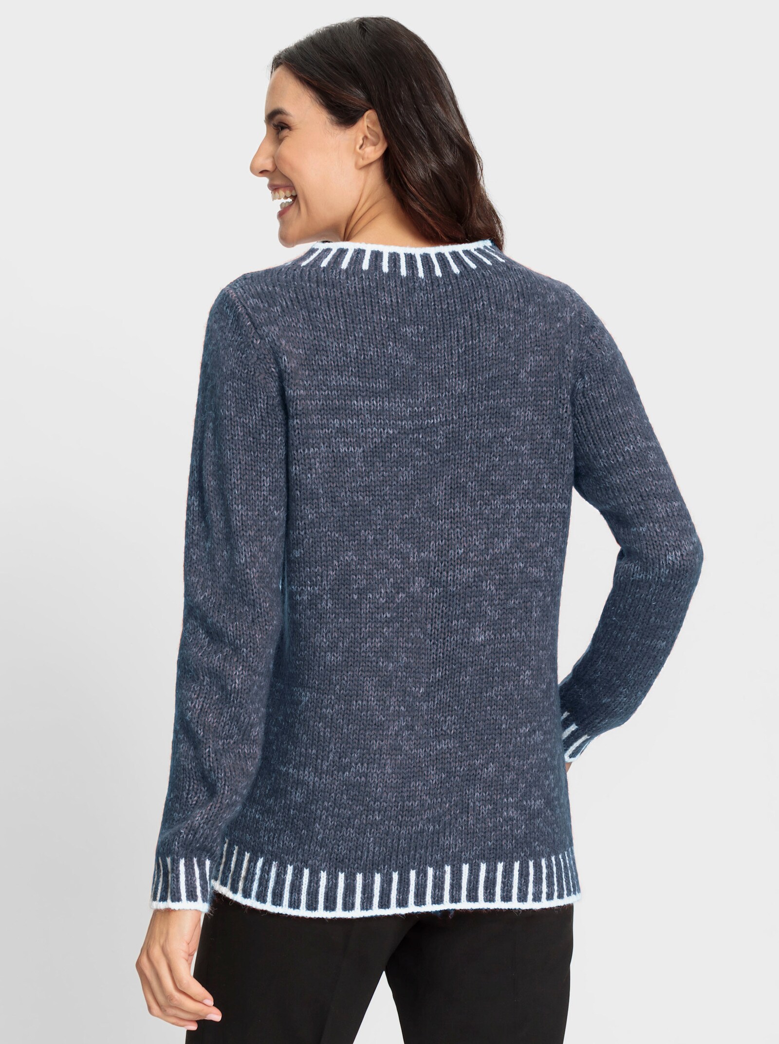 Svetr s dlouhým rukávem s efektními kontrasty - kouřová modrá-ecru-vzor