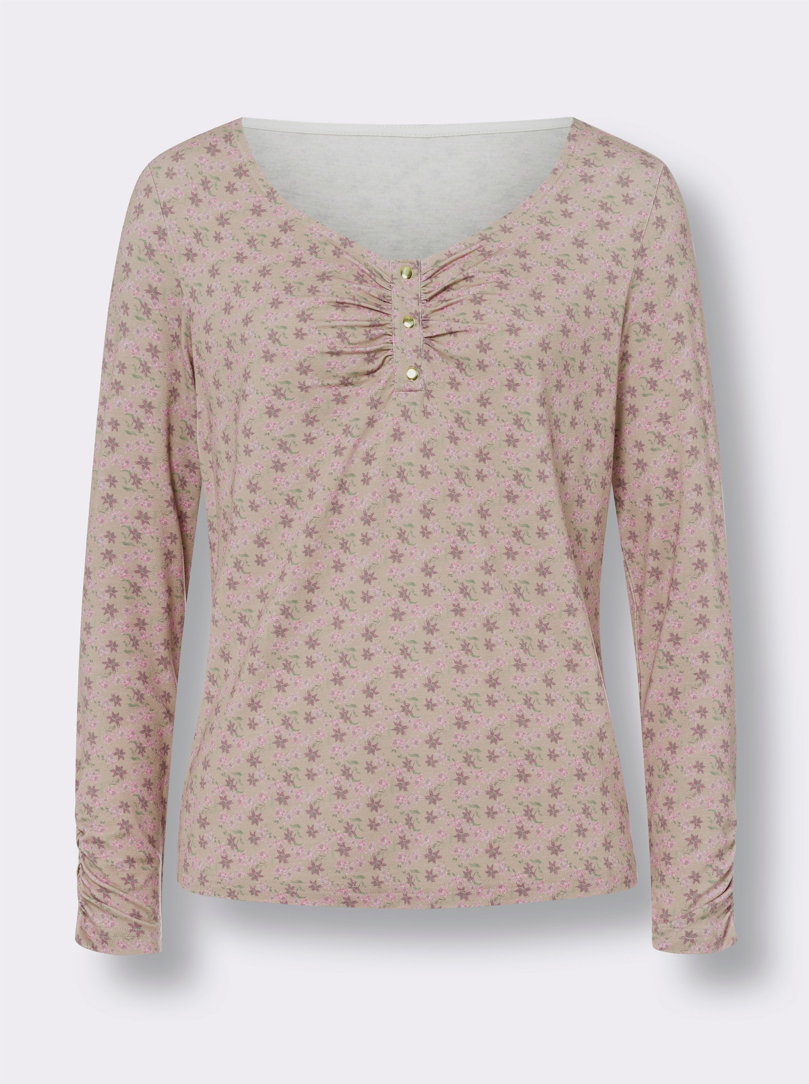 heine Langarmshirt mit Raffung am Ärmel - sesam-altrosa-bedruckt