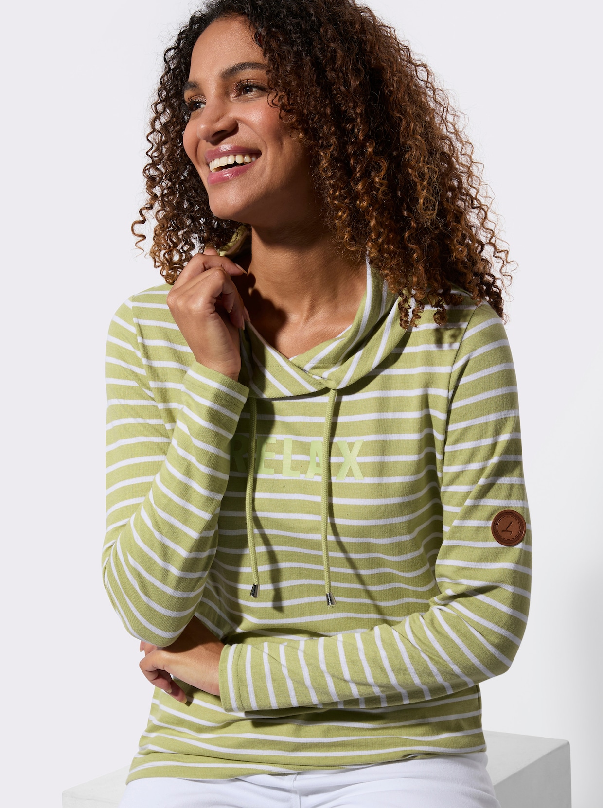 Sweatshirt mit regulierbarem Rollkragen - lindgrün-weiß-geringelt