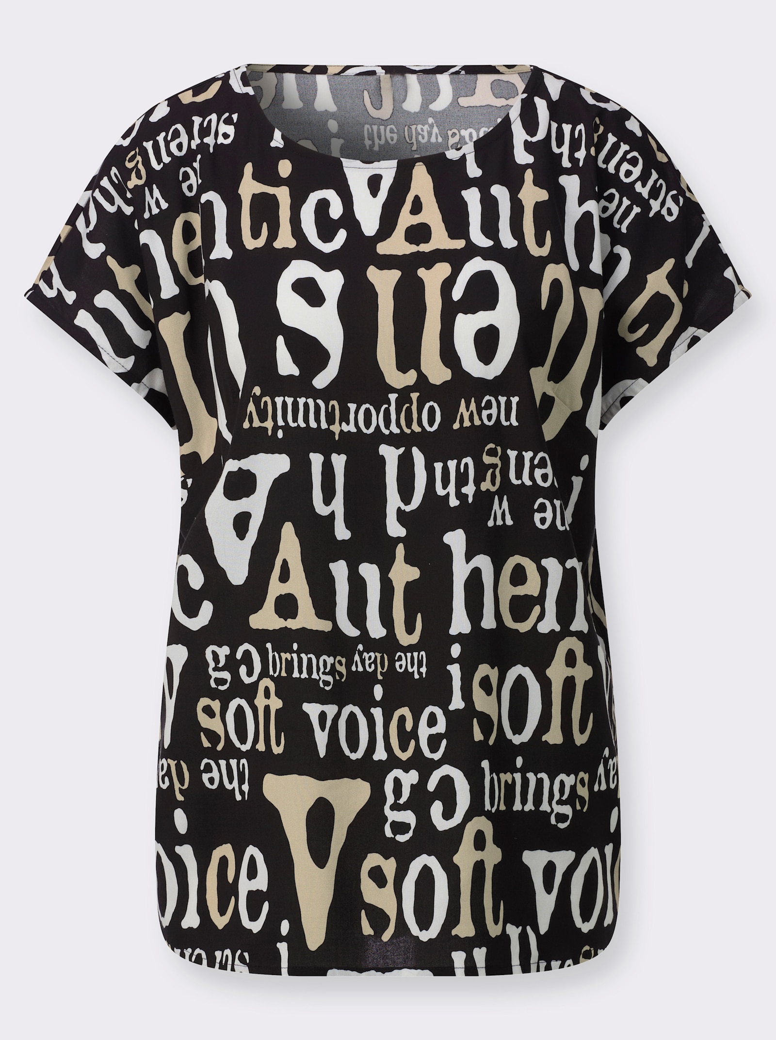 Blus med texttryck - svart-vit, mönstrad