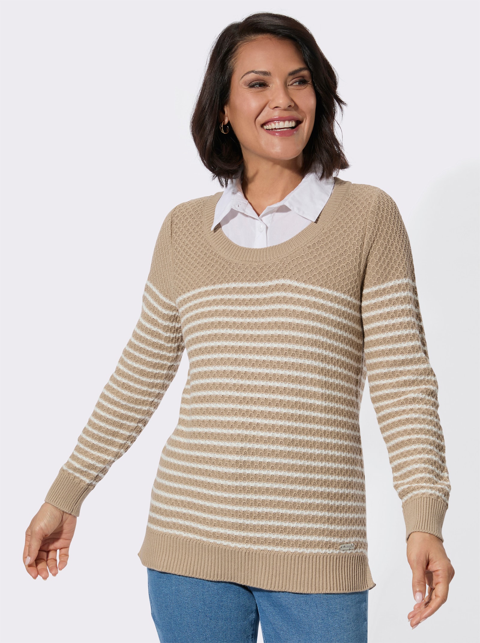 2-in-1-Pullover mit gerippten Abschlüssen - beige-ecru-gemustert