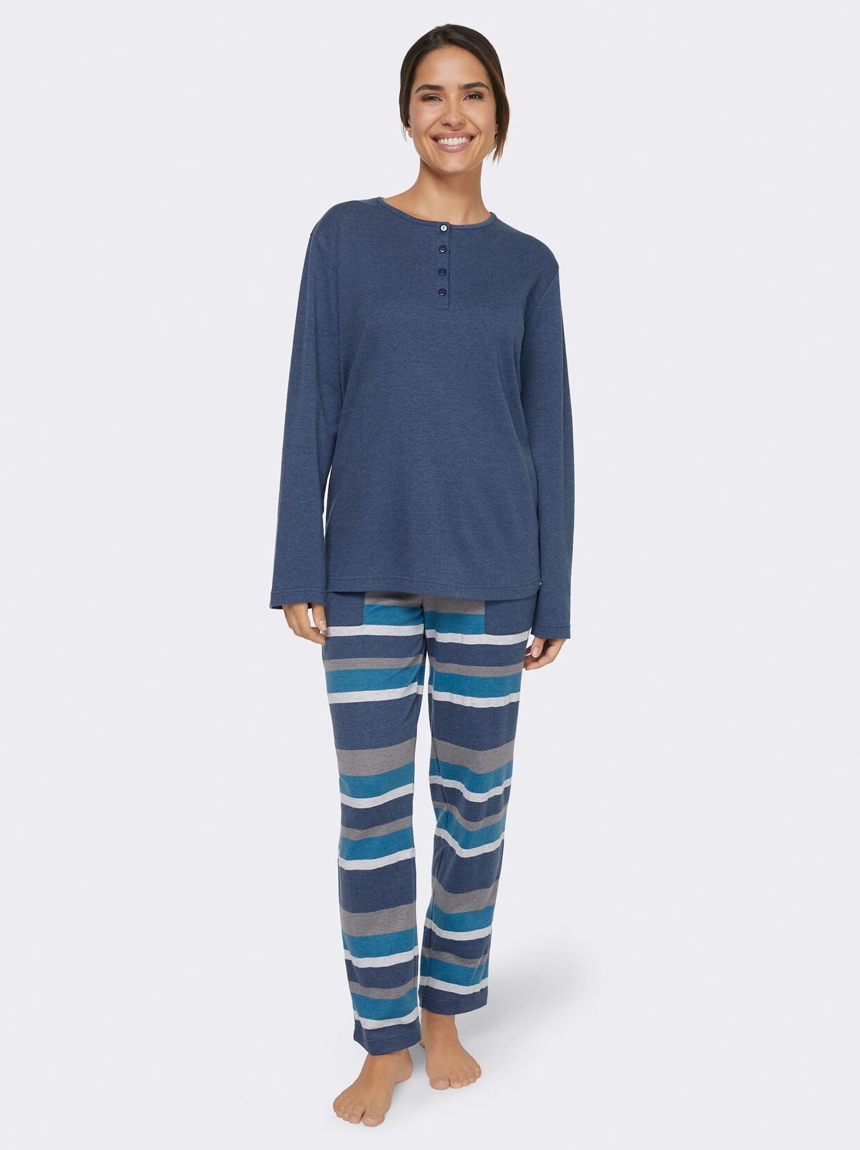 Normann Schlafanzug - jeansblau-geringelt