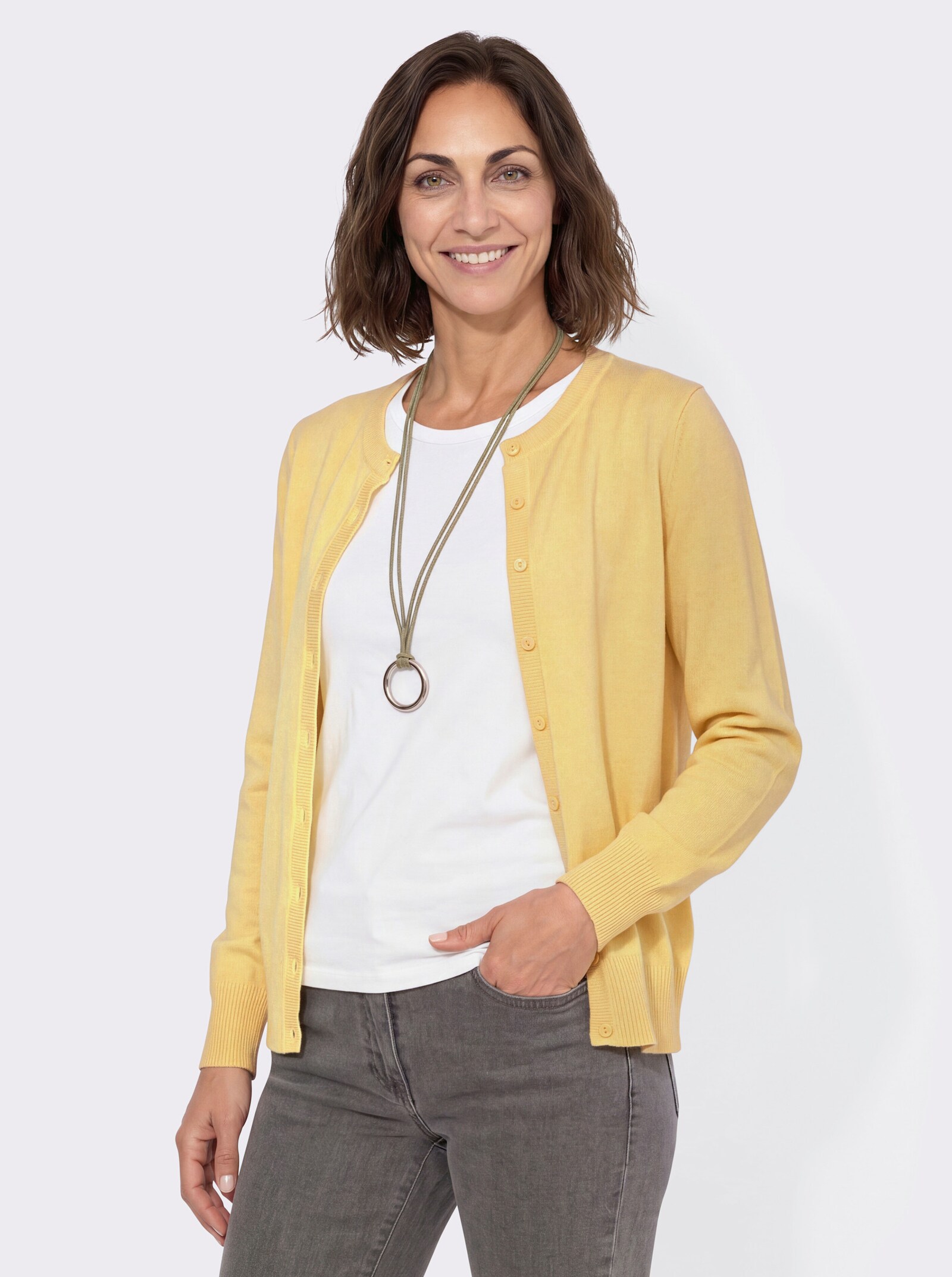 Cardigan mit Rippabschlüssen - zitrone