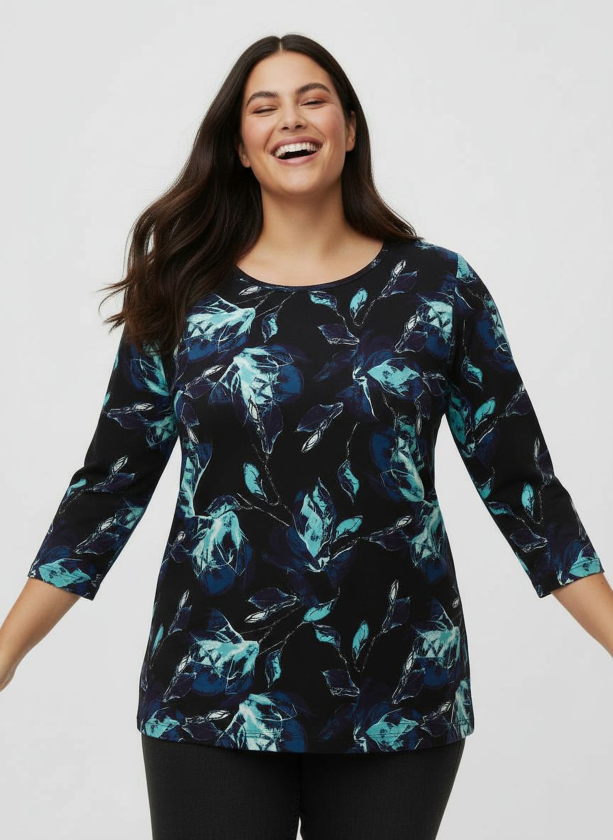 3/4-Arm-Shirt in Viskose-Qualität - schwarz-aquamarin-bedruckt