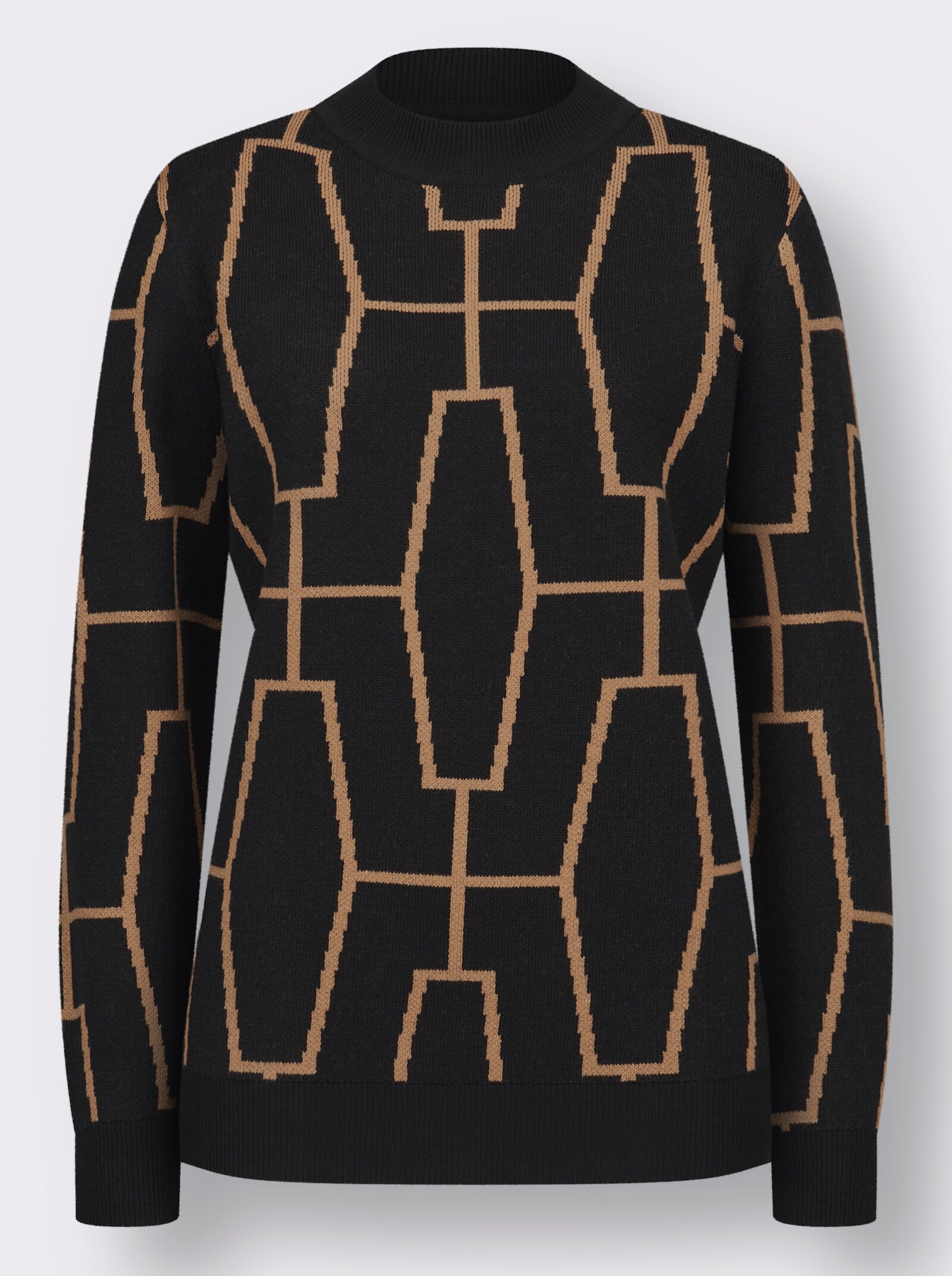 Svetr se stojáčkem a žakárovým vzorem - černá-velbloudí-vzor
