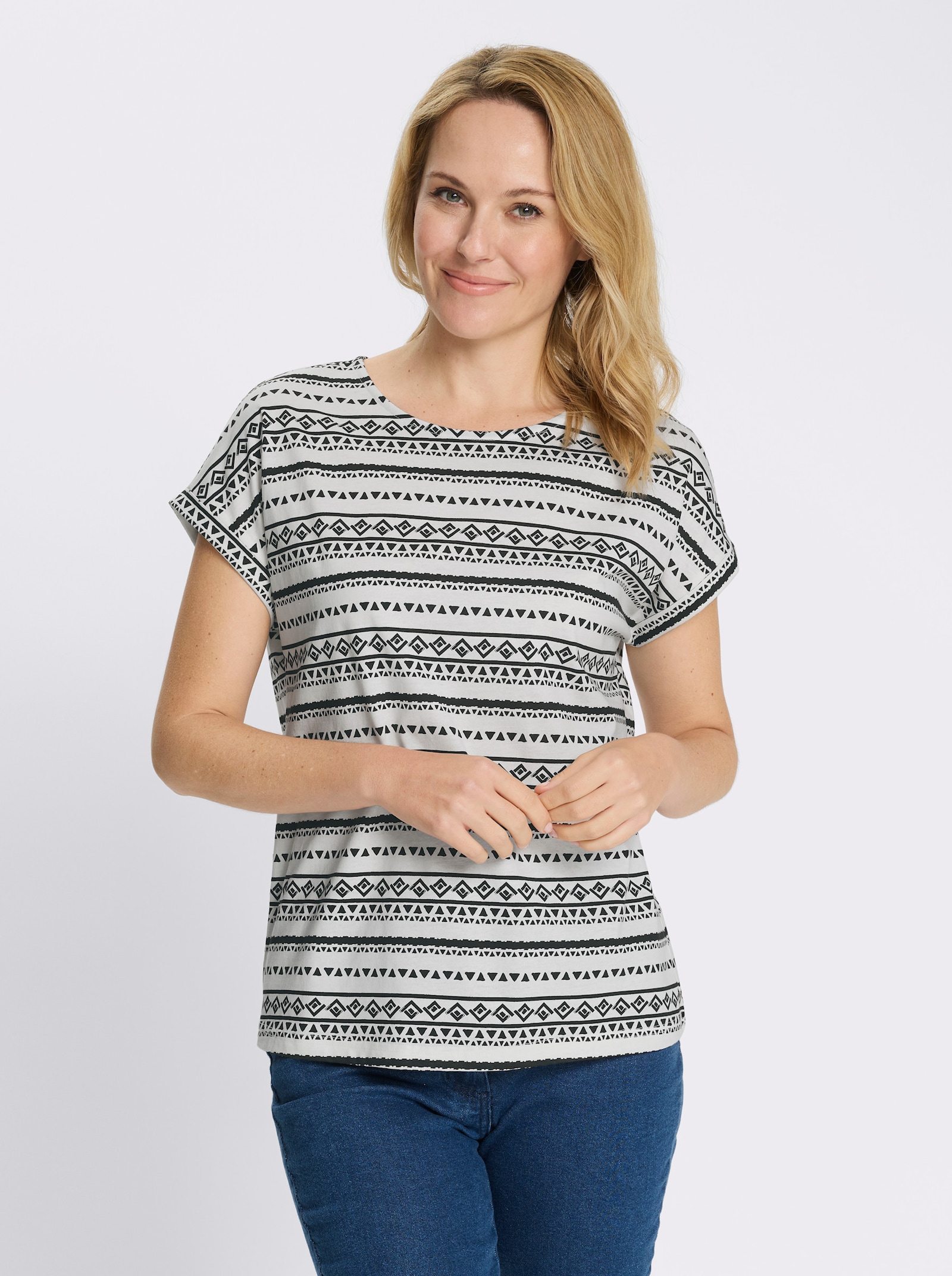 Tričko s krátkým rukávem a zakrytými rameny - ecru-černá-potisk