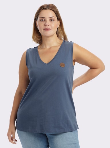 sheego Shirttop mit Lederimitat-Applikation vorn - rauchblau