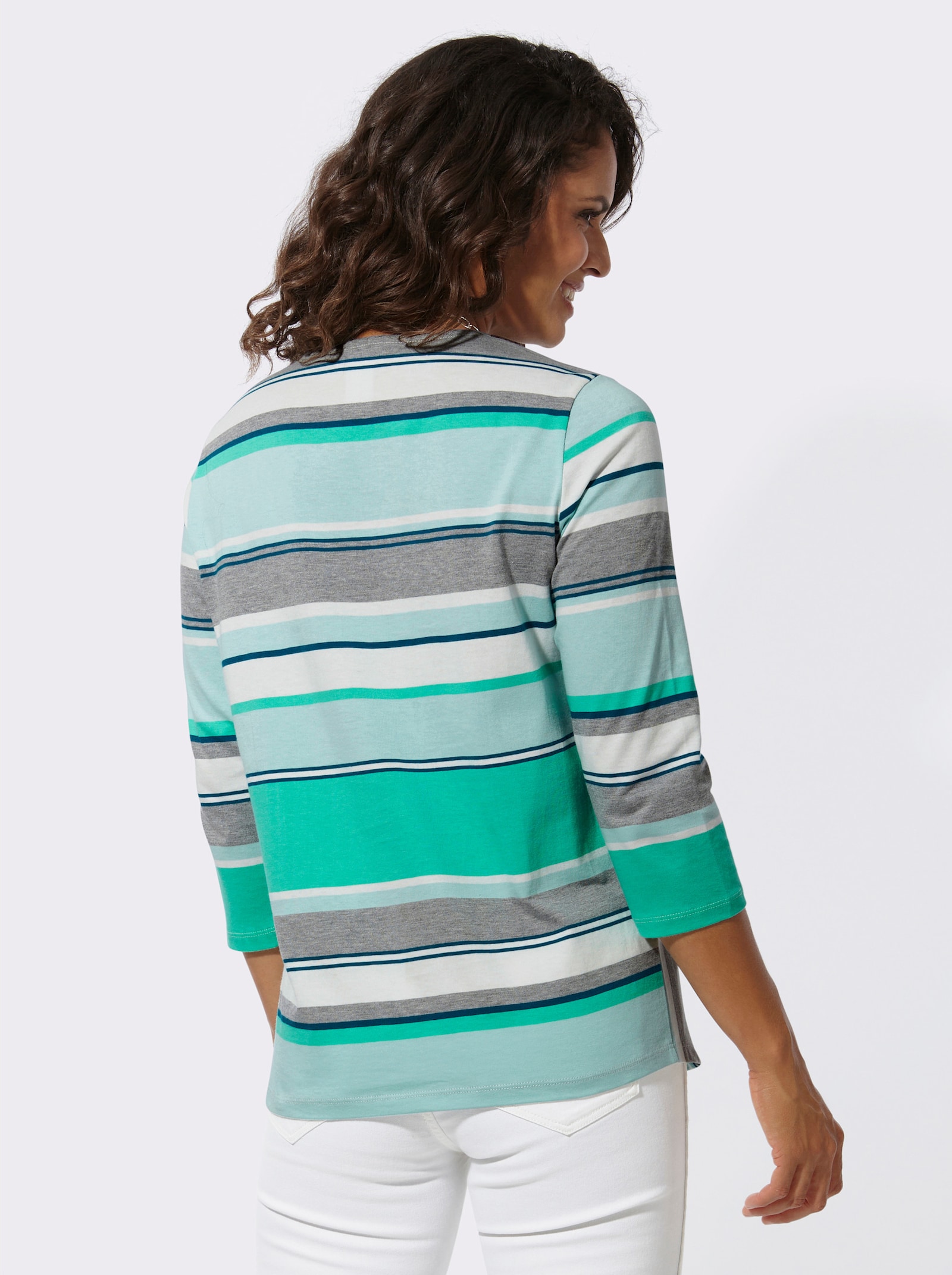 3/4-Arm-Shirt im Druck-Dessin - blaugrün-ecru-geringelt