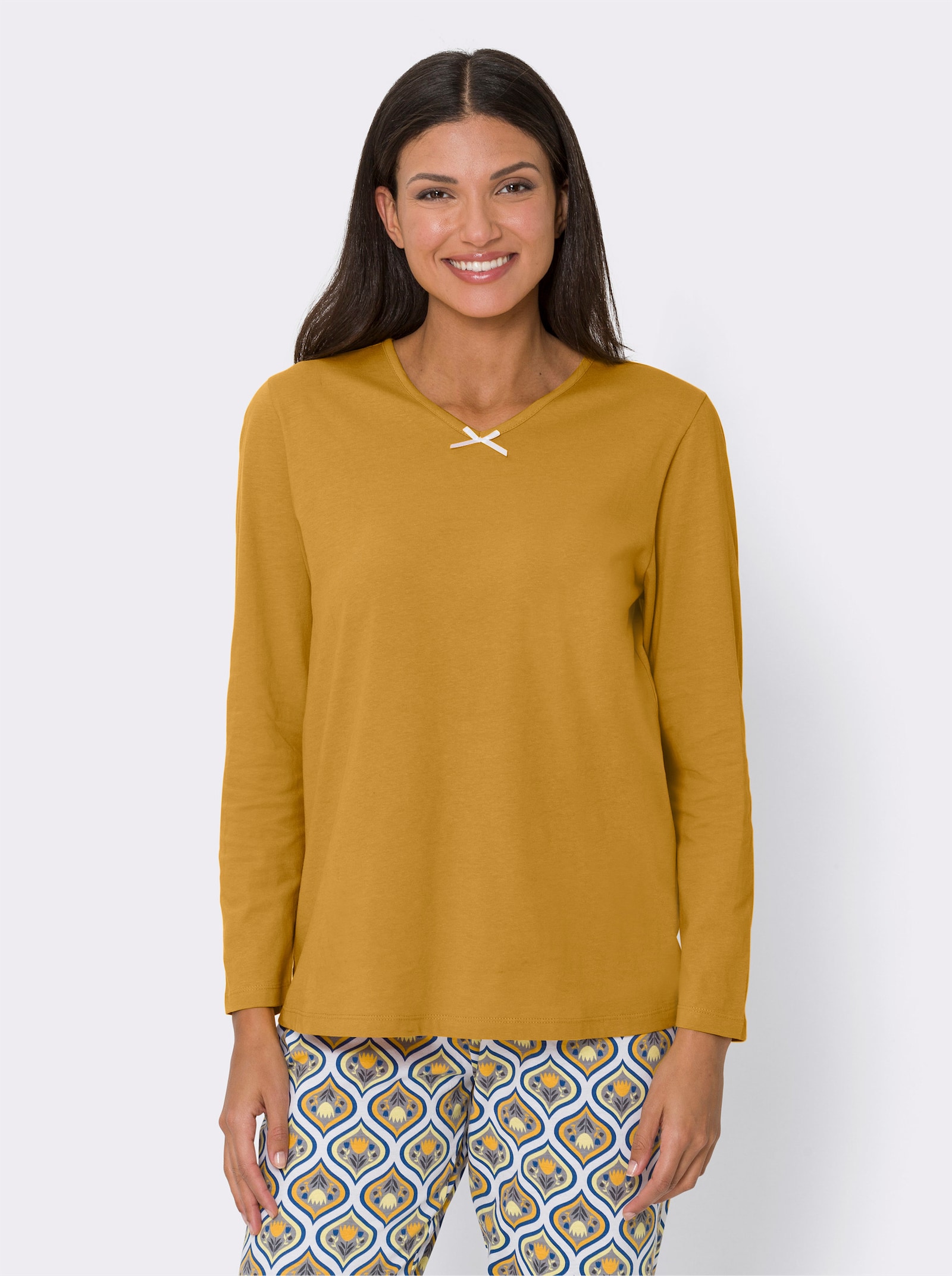 Schlafanzugshirt mit Satin-Schleife, reine Baumwolle - ocker