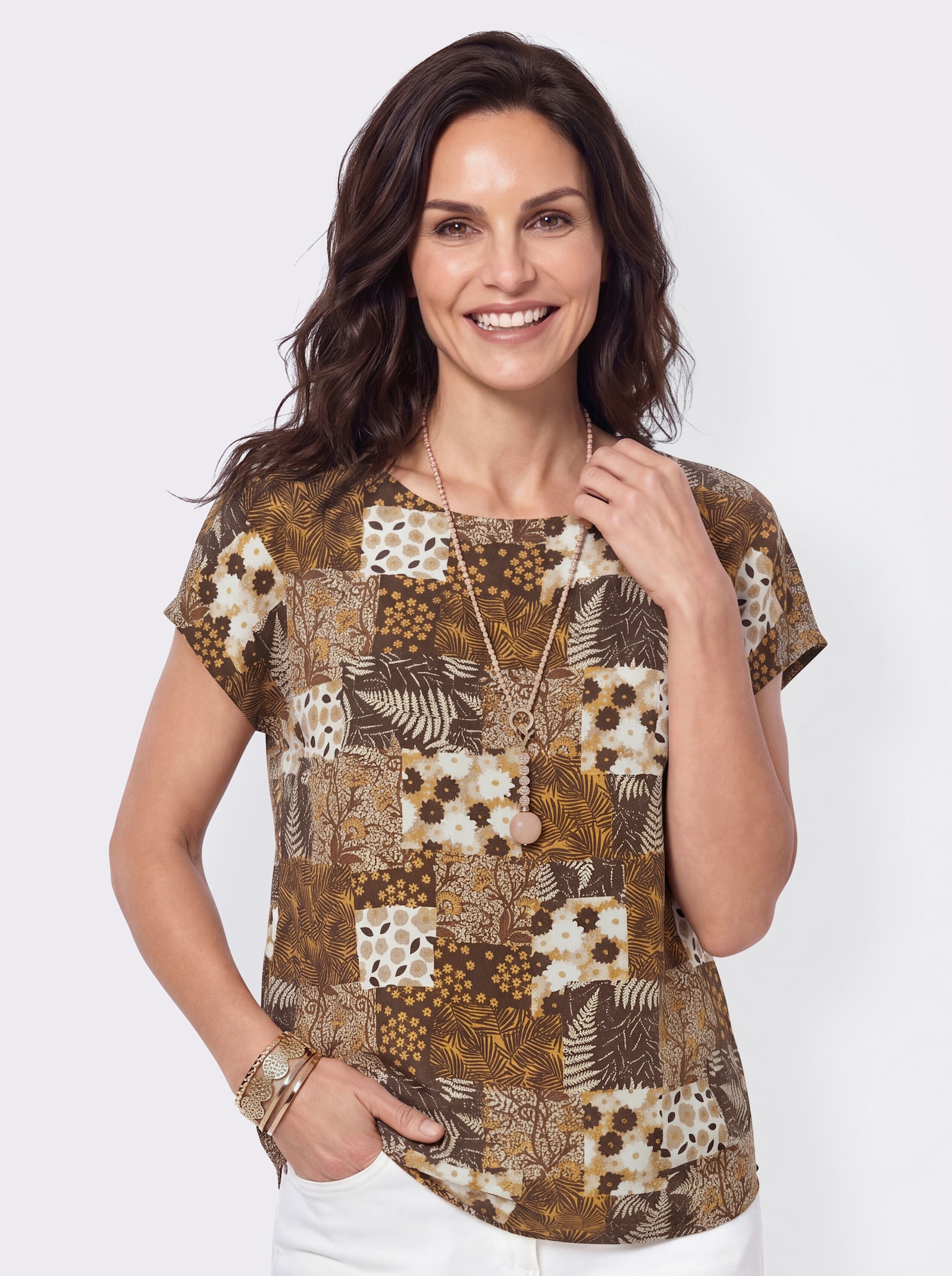 Schlupfbluse im Patchwork-Dessin - sand-schoko-bedruckt