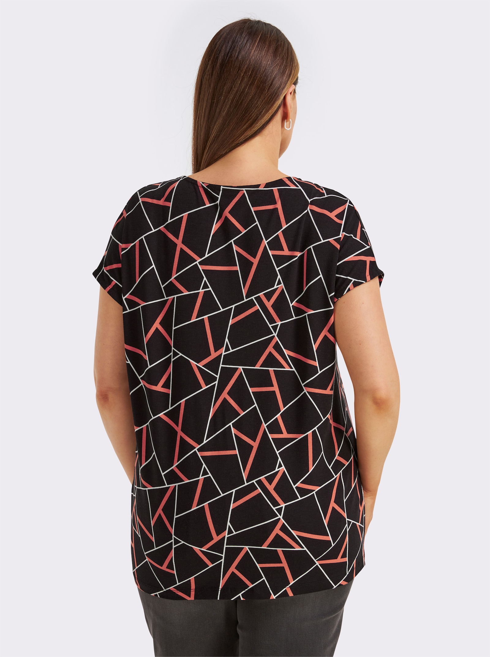 Kurzarmshirt mit grafischem Dessin - schwarz-papaya