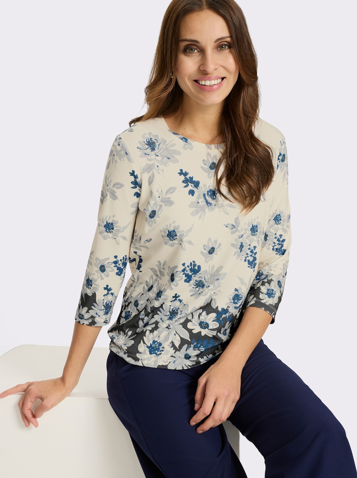 Rundhalsshirt - champagner-marine-bedruckt