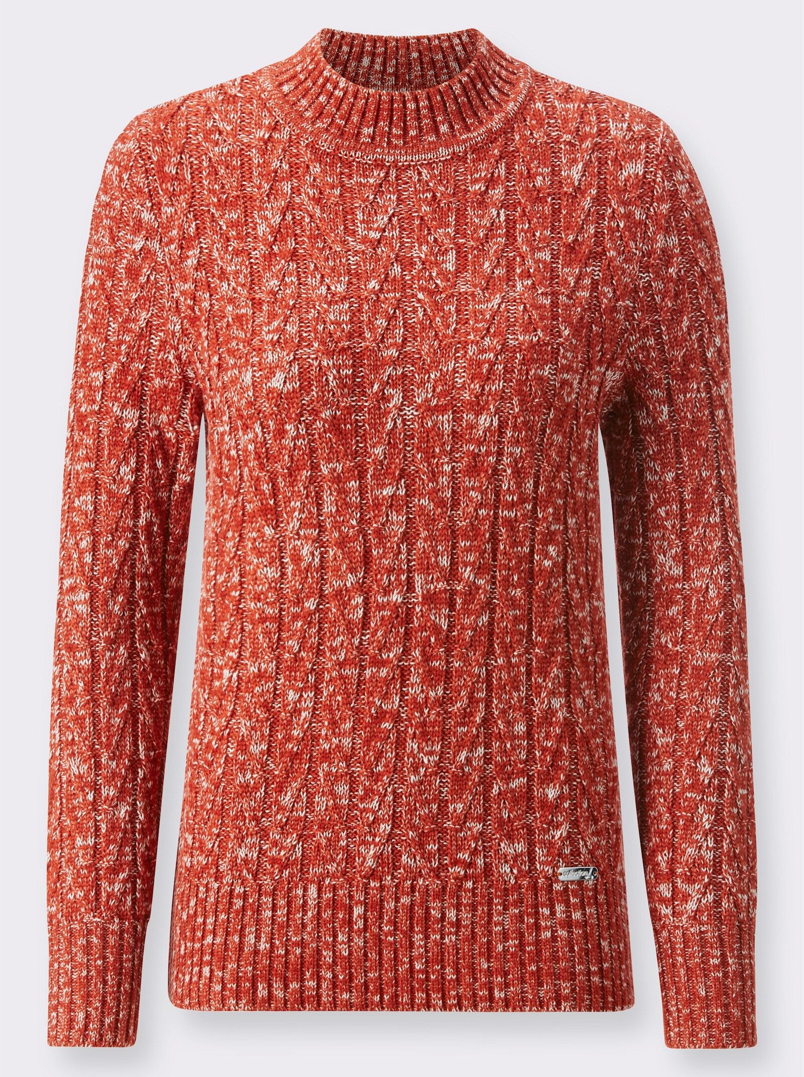 Langarm-Pullover mit Zopf- und Strukturmuster - rostrot-ecru-meliert