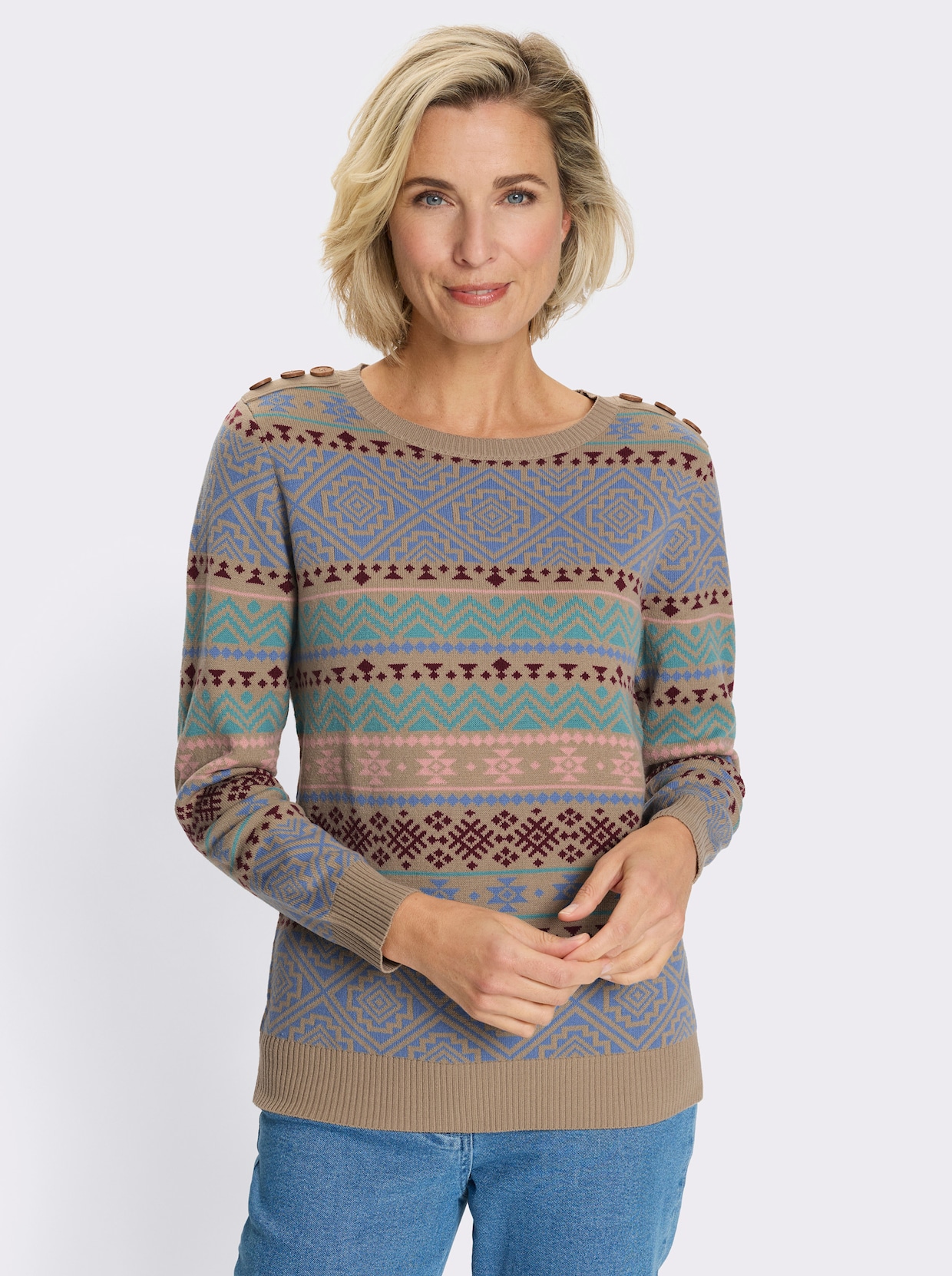 Pullover met ronde hals en sierknopen - sesam/bordeaux gedessineerd