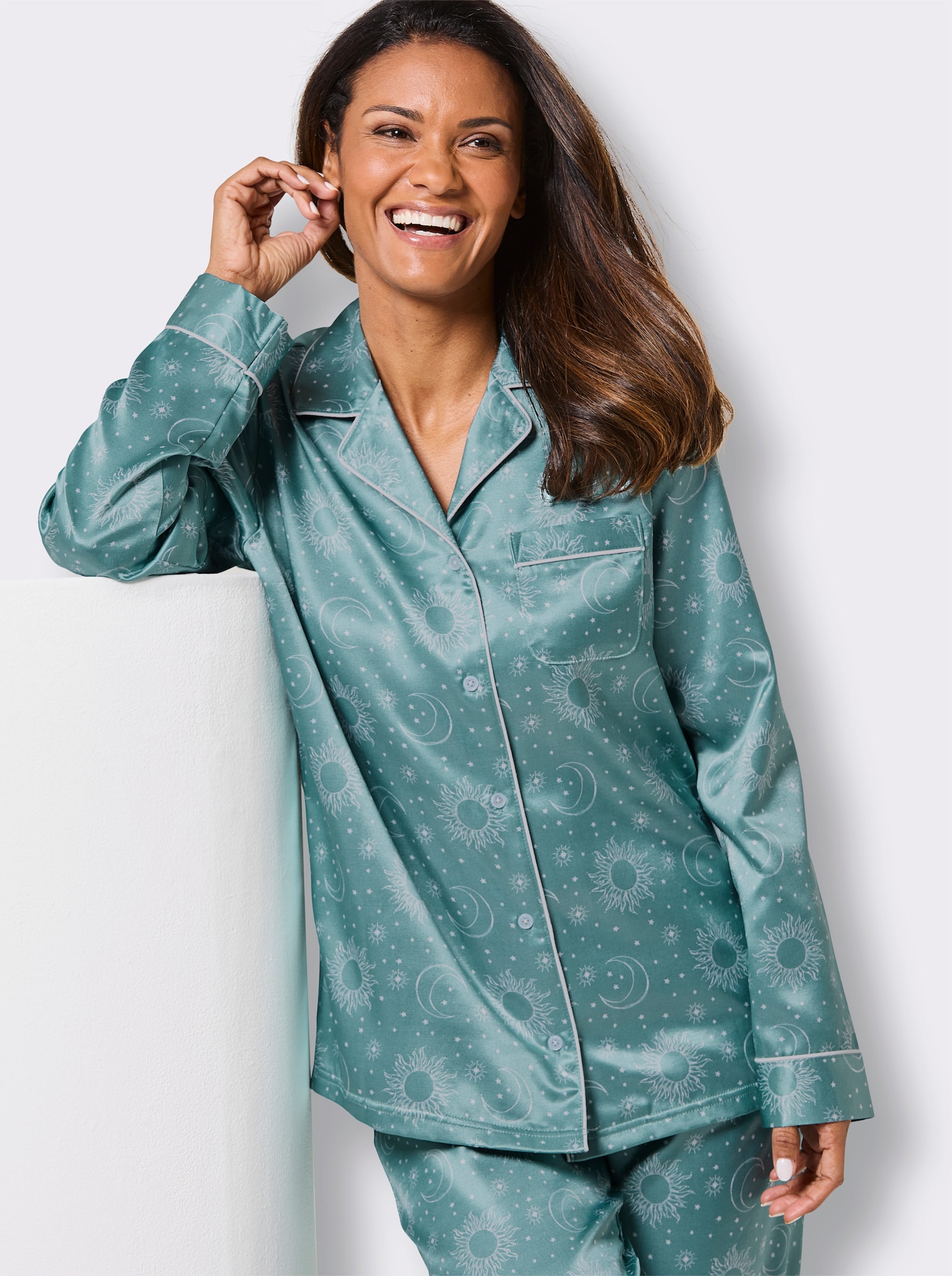 wäschepur Pyjama aus Satin - salbei-ecru-bedruckt