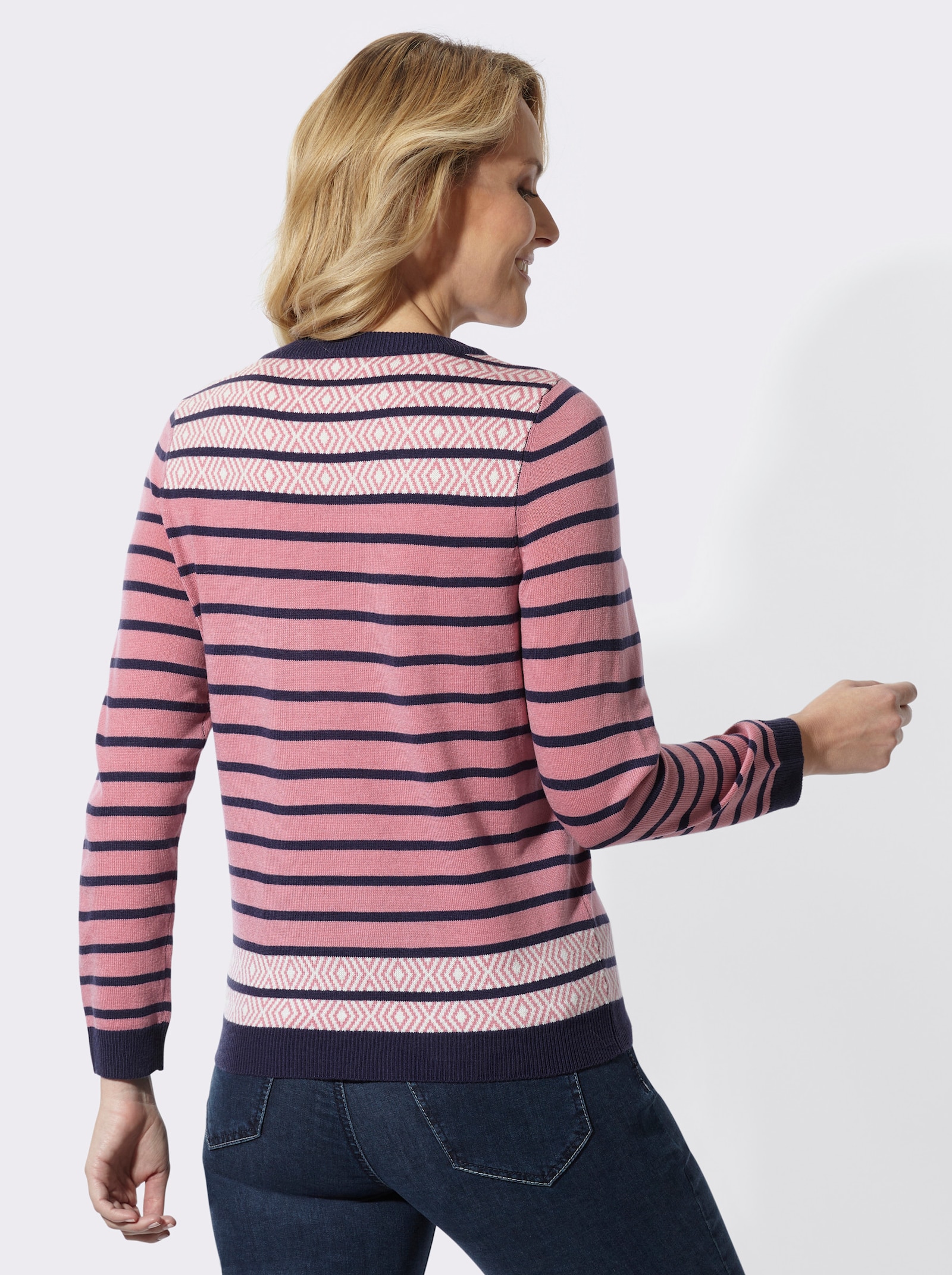 Streifenpullover mit Jacquard-Details - marine-altrosa-geringelt