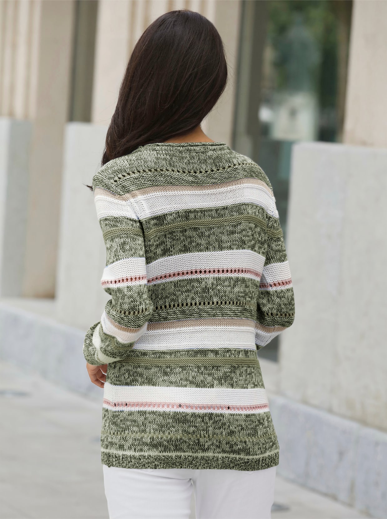 Strickpullover - grün-ecru-gestreift