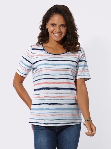 Kurzarmshirt im Ringelmuster - ecru-flamingo-geringelt