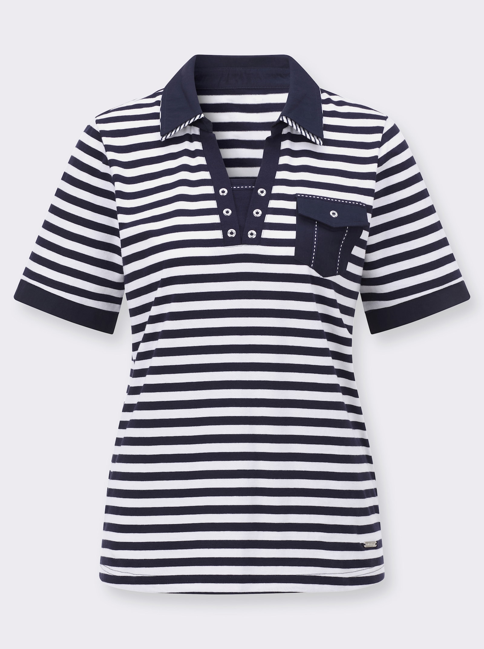 Poloshirt mit Ösen-Verzierung - marine-weiß-geringelt