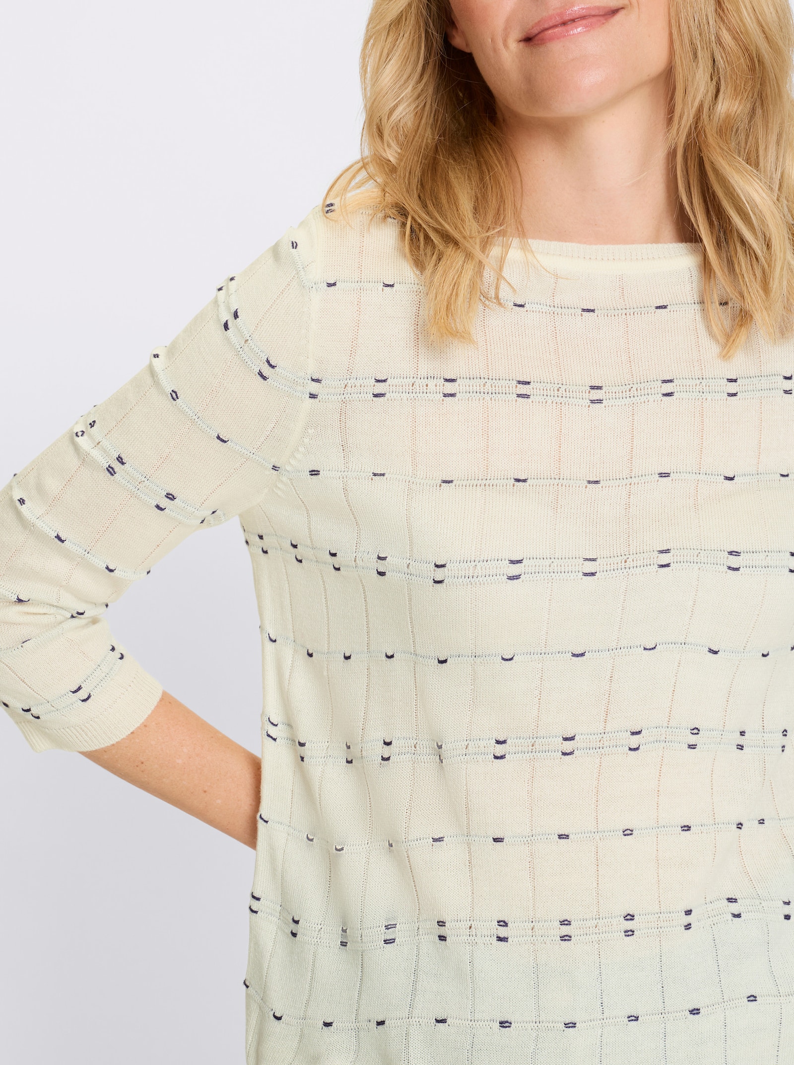 Svetr s 3/4 rukávem a pleteným vzorem - ecru-námořnická modrá-vzor