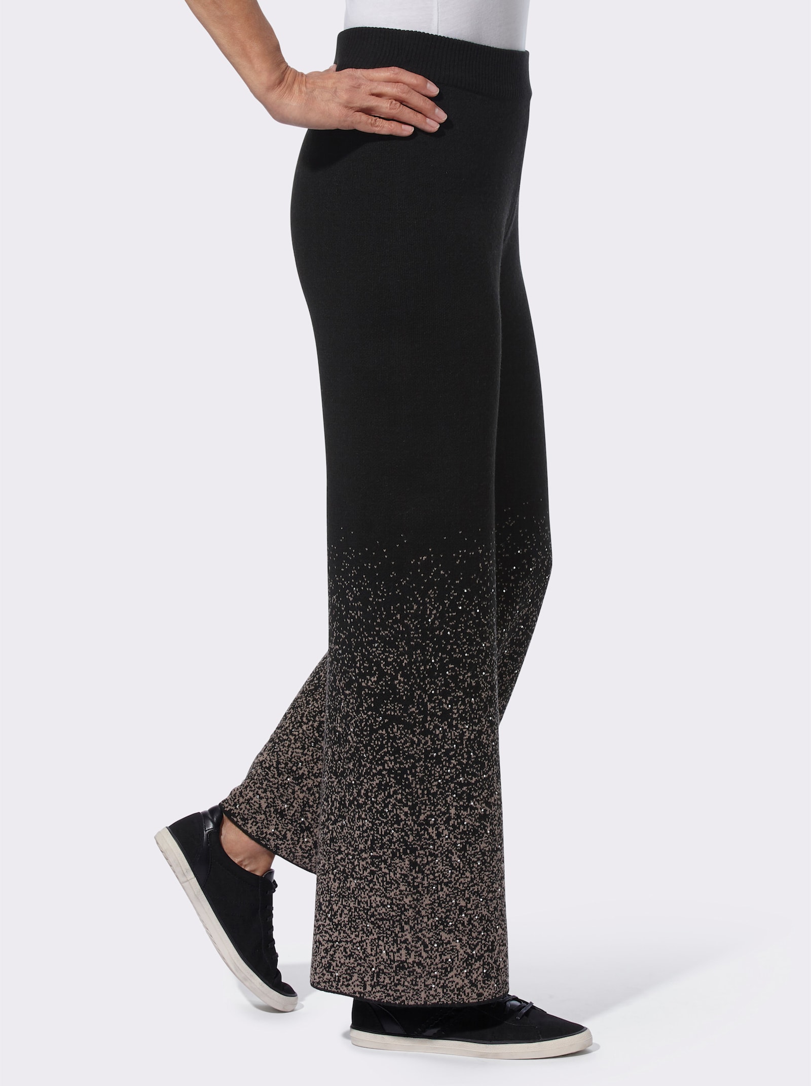 Úpletové nohavice s trblietavými kamienkami - Čierno-hnedosivá vzorovaná