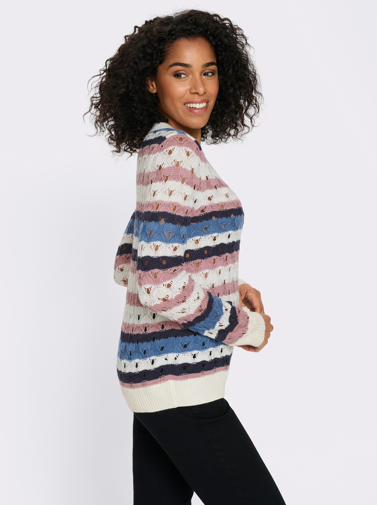 Ajourpullover mit Streifen-Muster - ecru-hortensie-gemustert