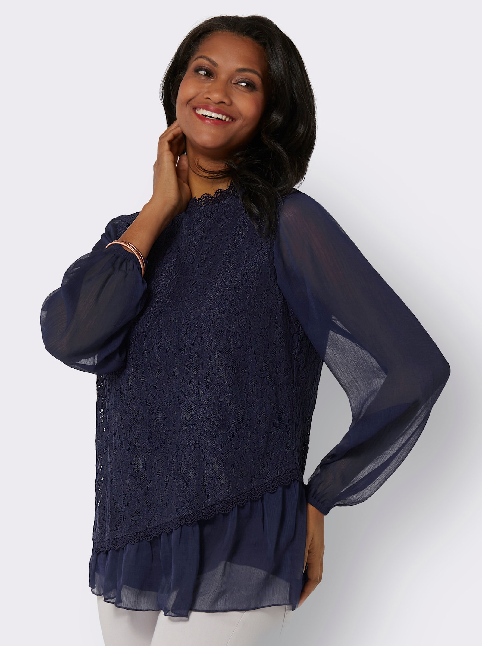Spitzenbluse im Lagenlook - marine