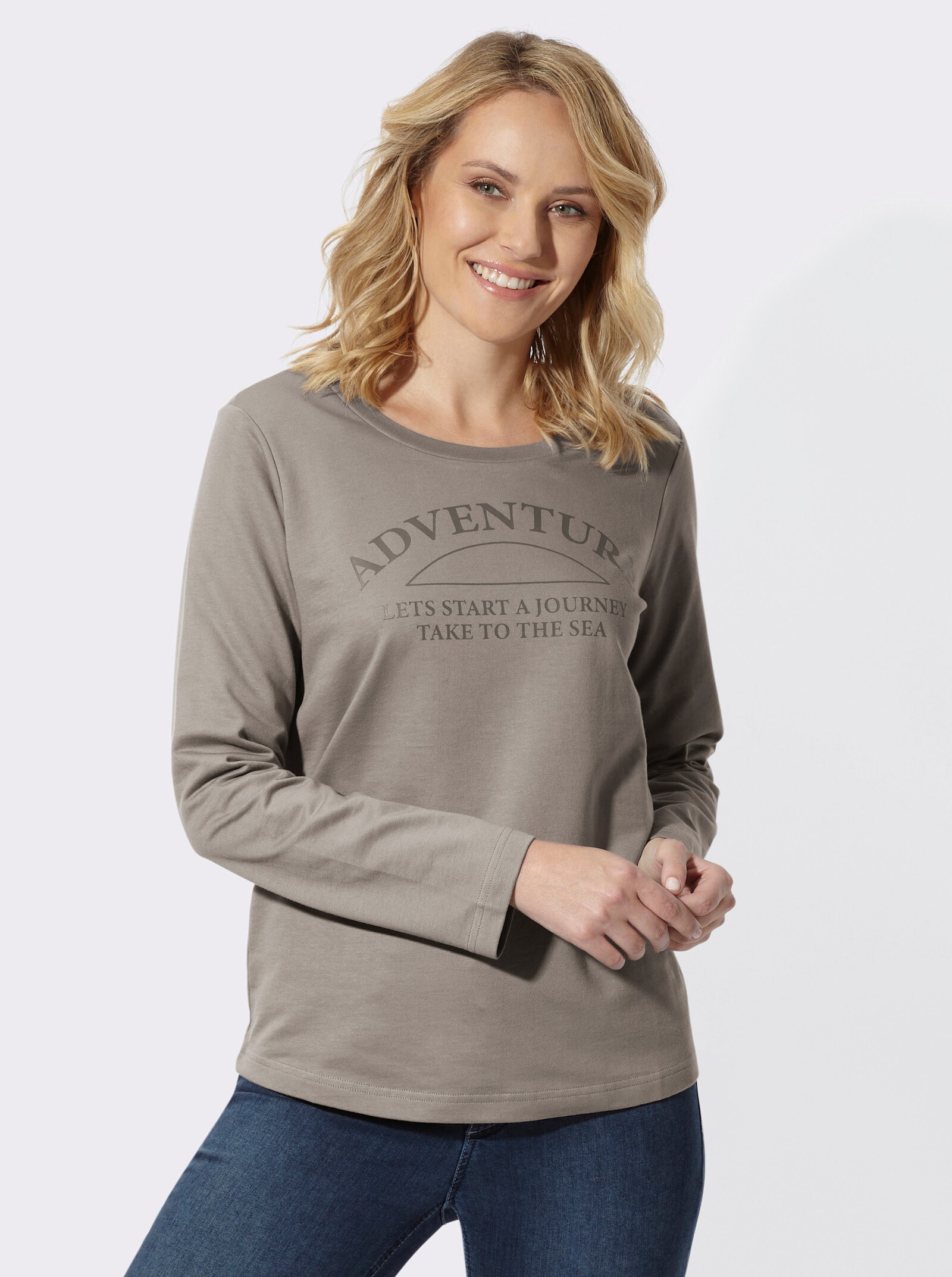  Sweatshirt mit platziertem Schriftzug - taupe-dunkeltaupe