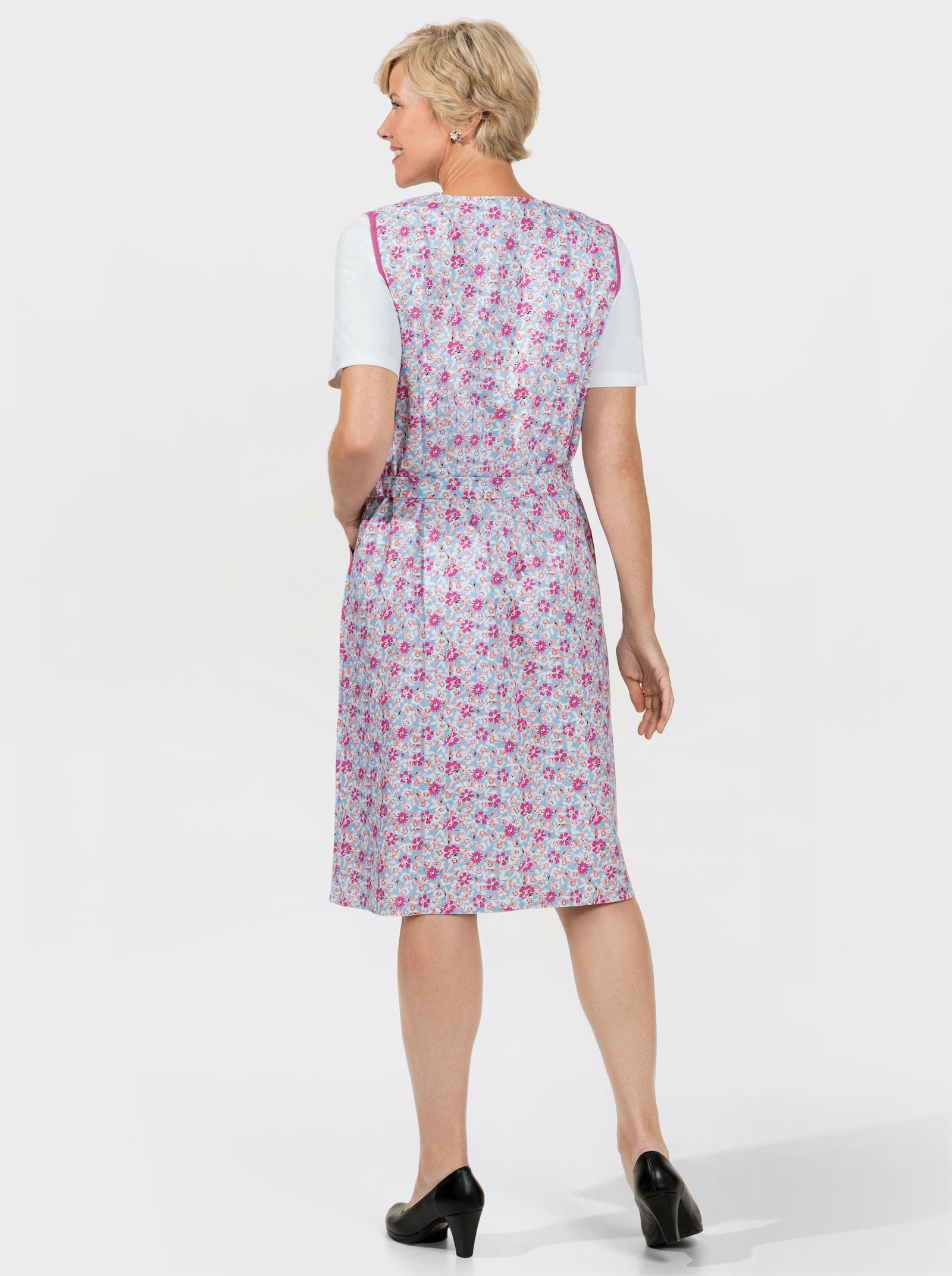 Kleiderschürze mit Knopfleiste - fuchsia-eisblau-bedruckt