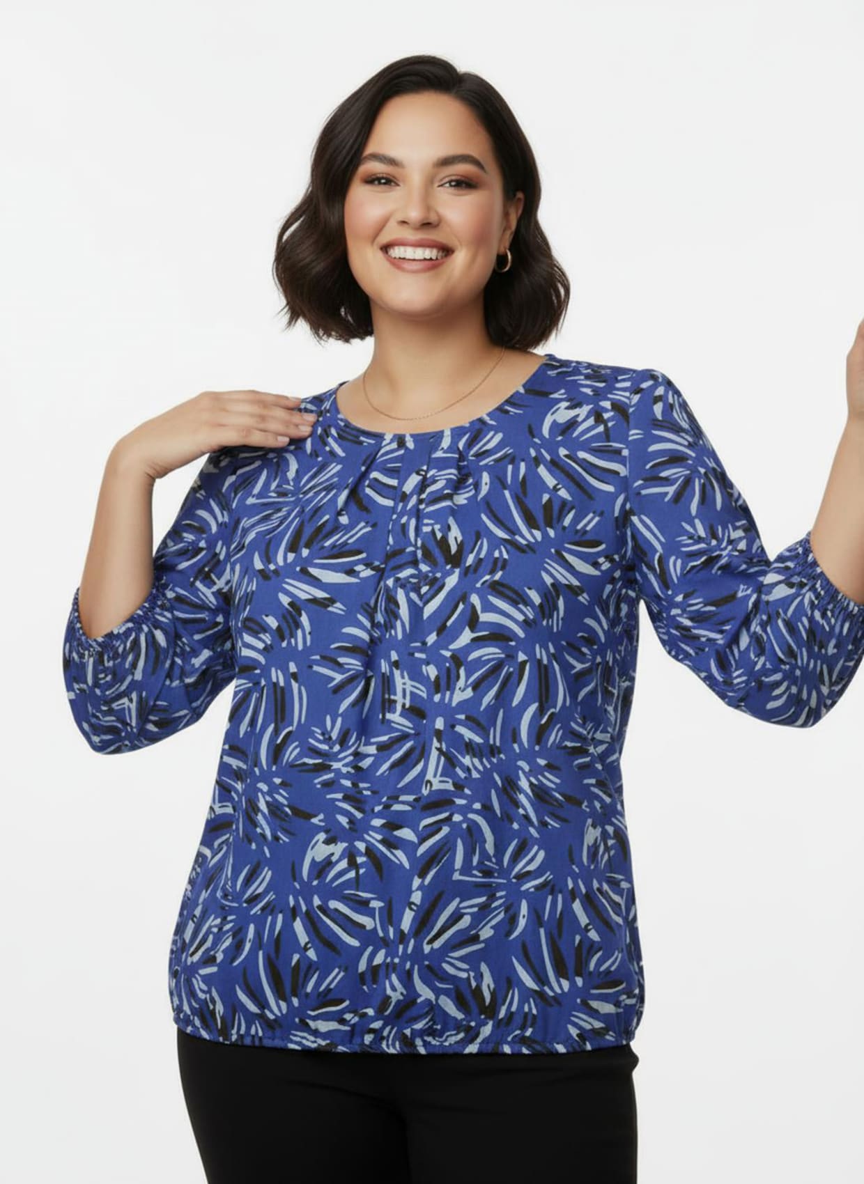 Druckbluse in Schlupfform - royalblau-graphit-bedruckt