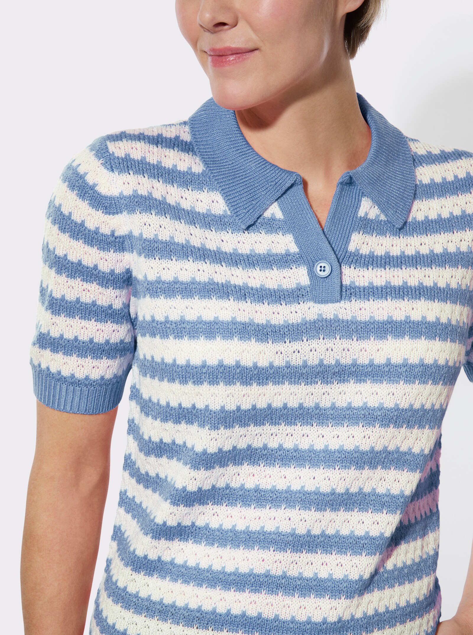 Polopullover mit Ajourmuster - bleu-ecru-geringelt