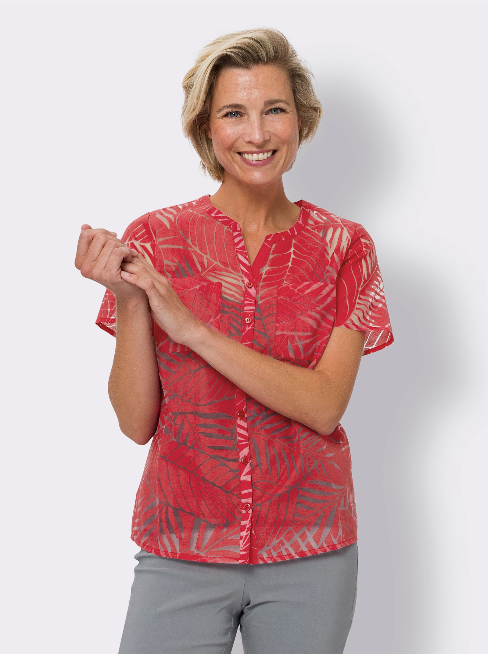 Kurzarm-Bluse mit Brusttaschen - rot