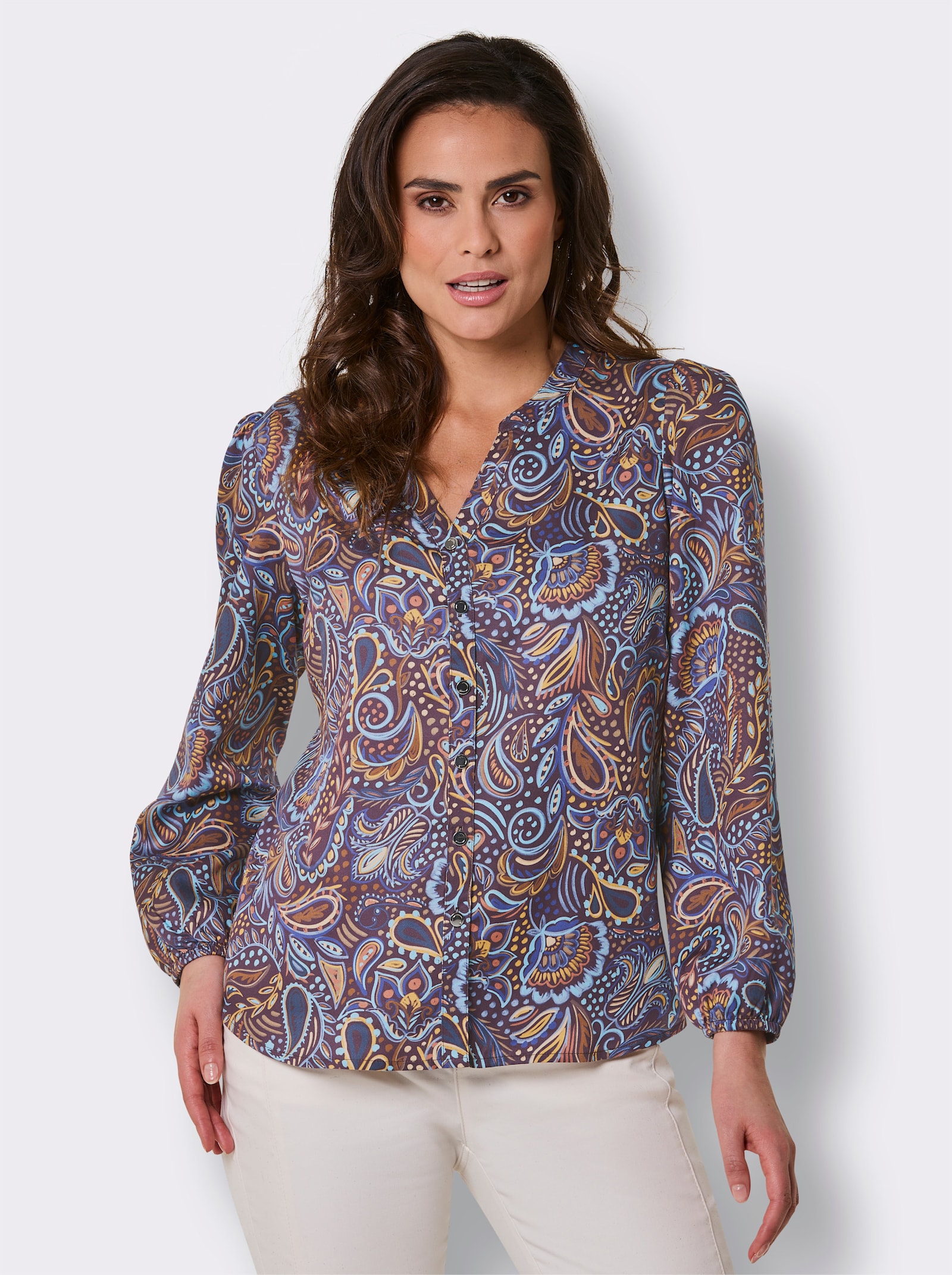 CREATION L PREMIUM Druckbluse mit Paisley-Dessin - taubenblau-ecru-gemustert