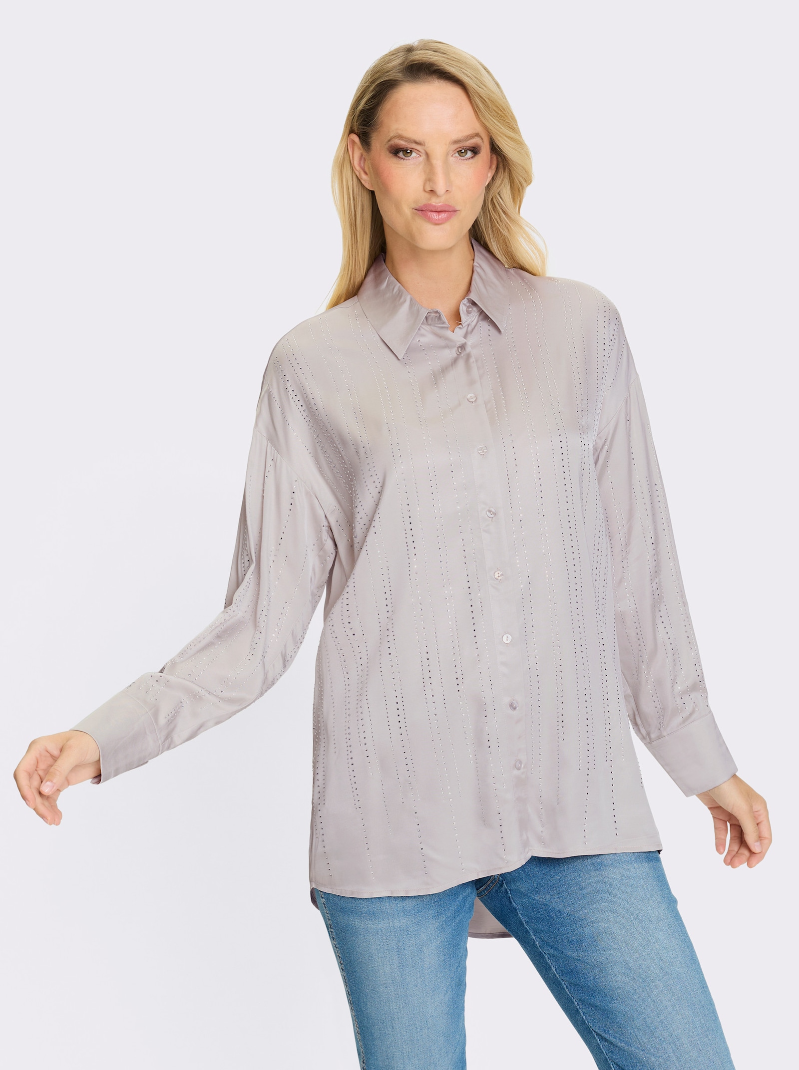 heine Longbluse mit Ziersteinen - hellgrau