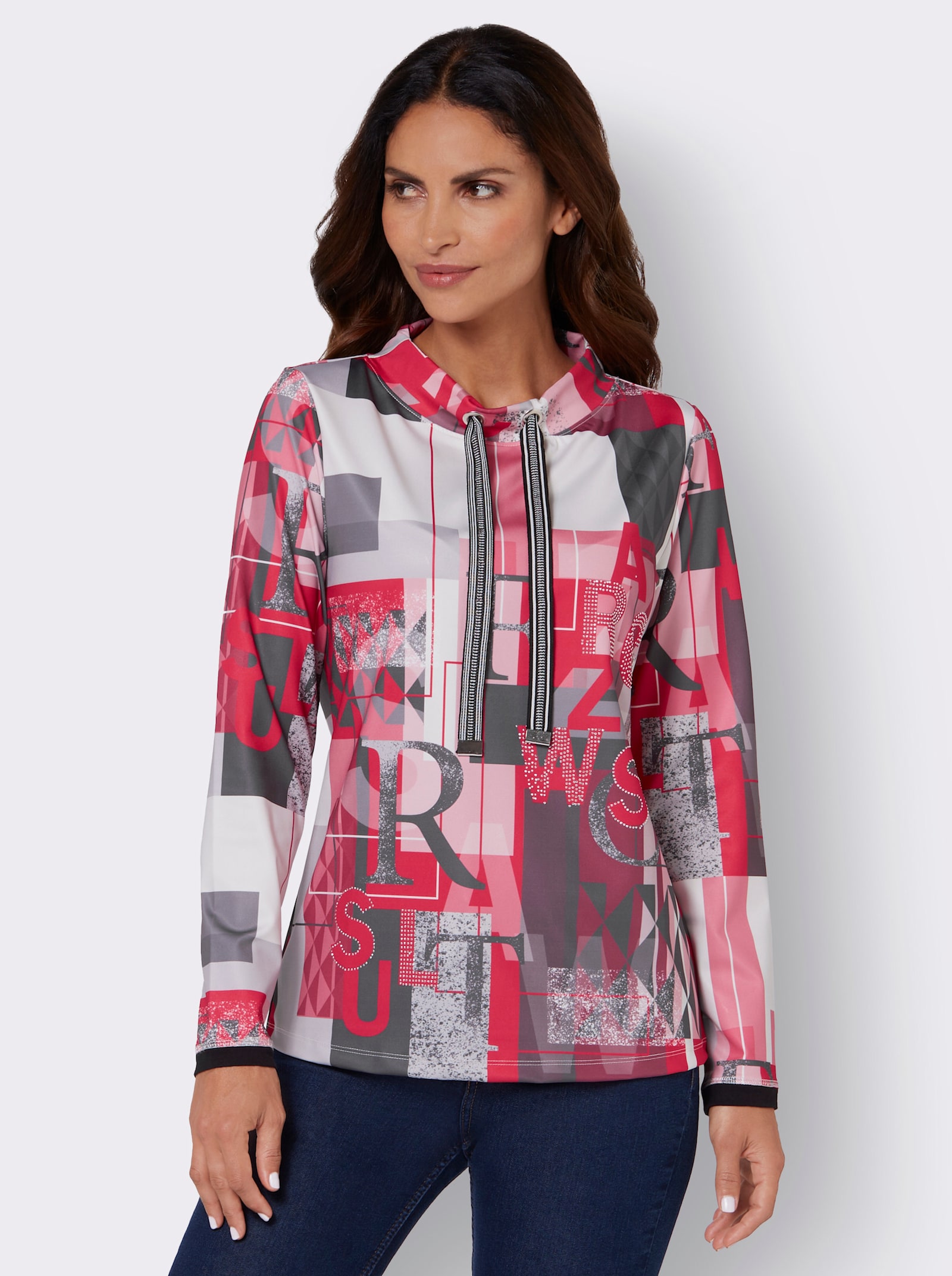 Sweatshirt mit halsfernem Kragen - erdbeere-gemustert