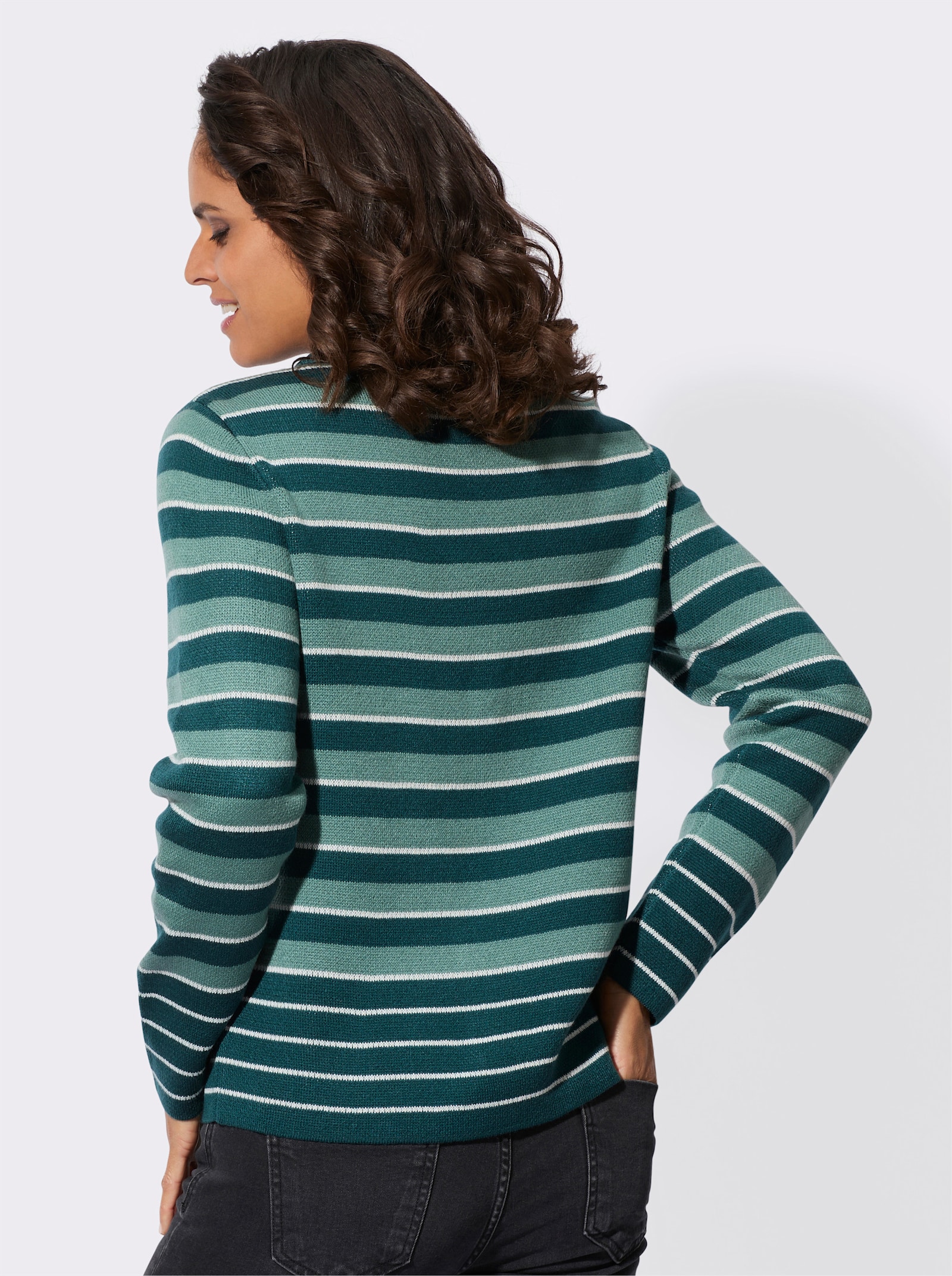 Svetr se stojáčkem a žakárovým proužkovaným vzorem - nefritová-ecru-proužek