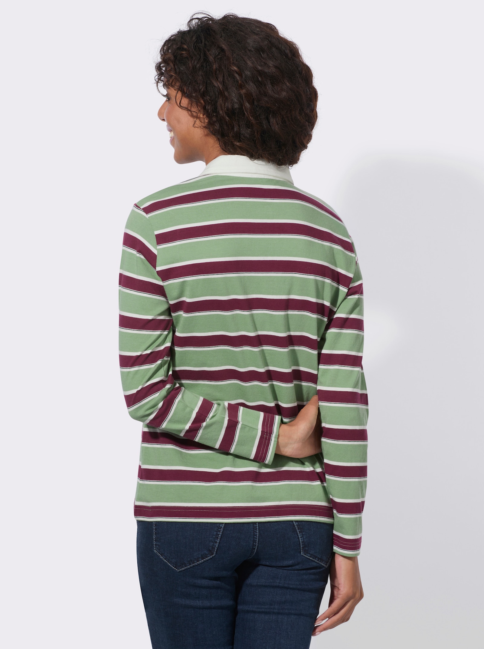  Langarm-Poloshirt mit garngefärbten Ringeln - eucalyptus-bordeaux-geringelt