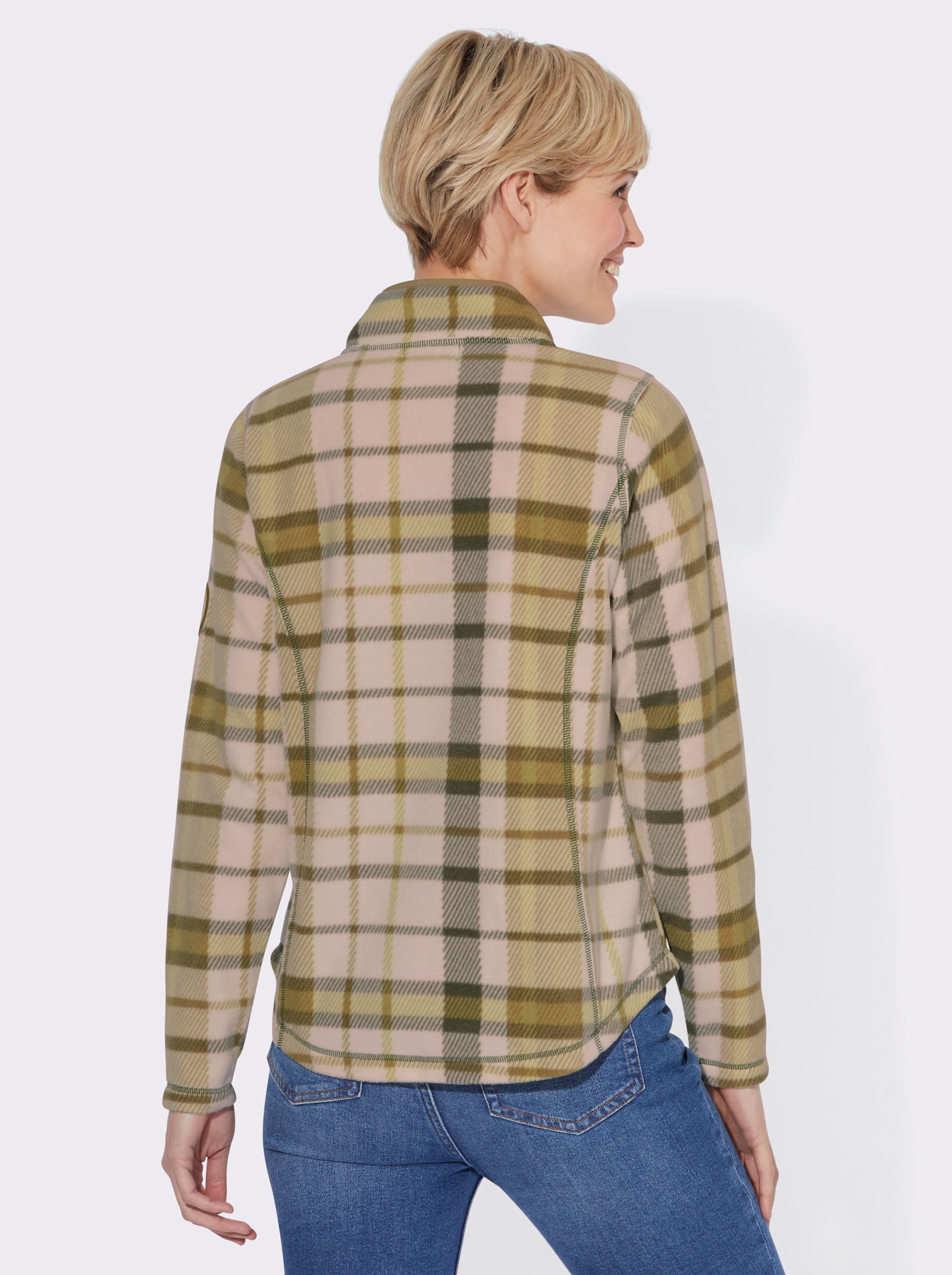 Fleeceshirt met elastische paspels - rietgroen/ecru geruit