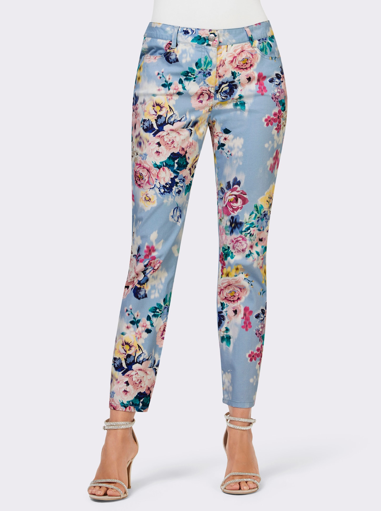  Jeans mit Blütenmuster - hellblau-rosé