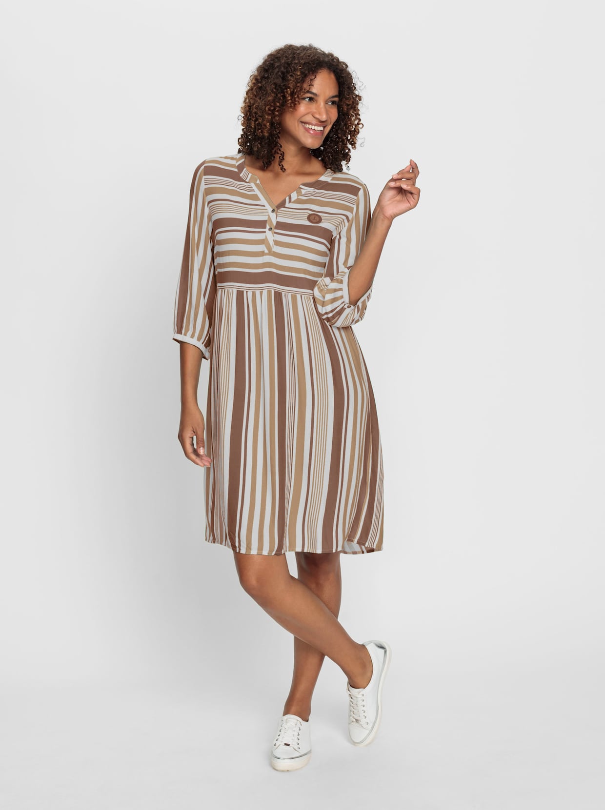 Druckkleid - braun-camel-gestreift