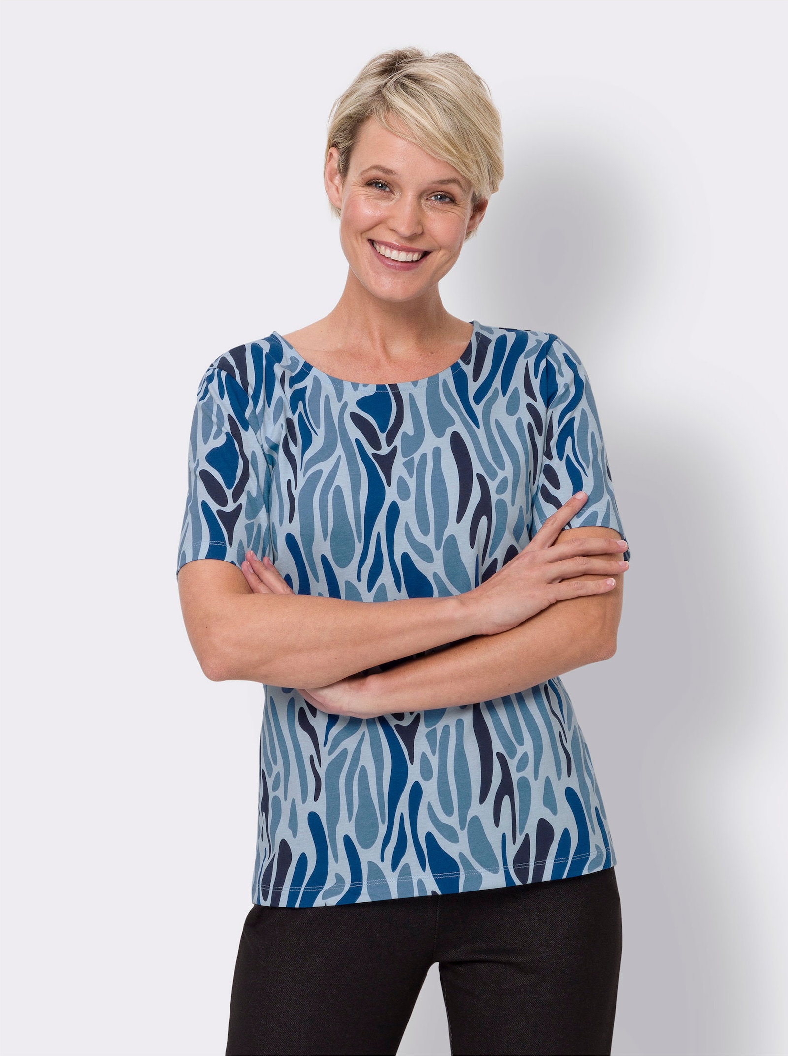 Kurzarmshirt mit Print-Dessin - hellblau-royalblau-bedruckt